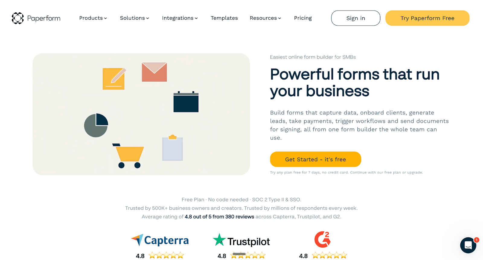 The Paperform landing page features minimalist icons for payments, data capture, and workflows to help small business owners manage operations with a versatile online form.