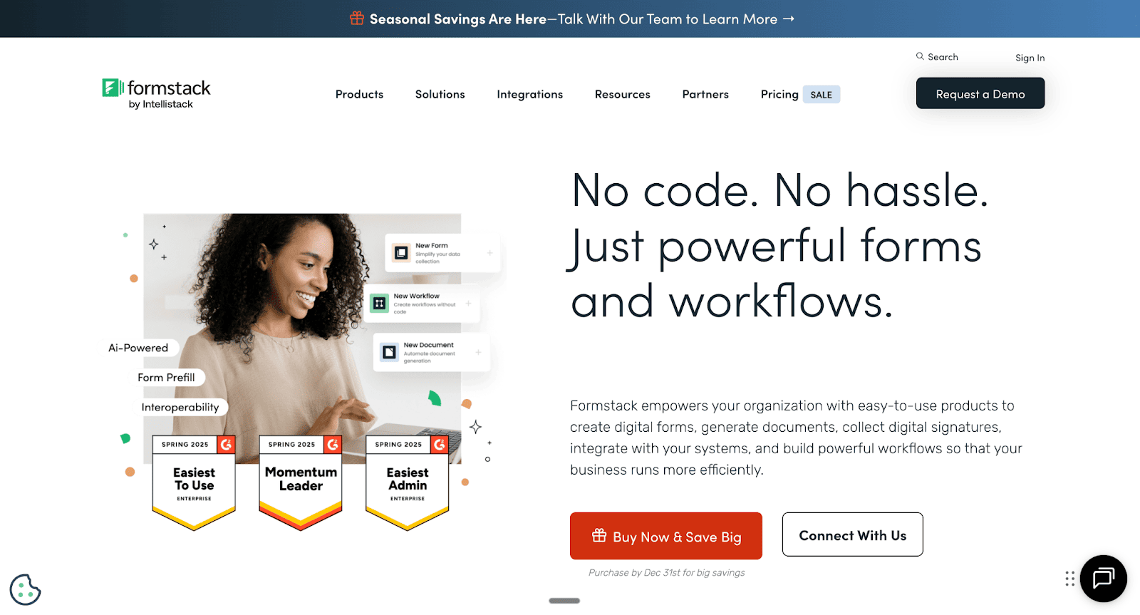 The Formstack landing page features an AI-powered interface with digital signature and document generation options to help organizations build a professional online form for efficient workflows.