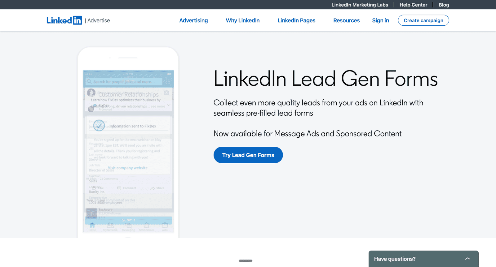 The LinkedIn Lead Gen Forms landing page features a mobile interface with pre-filled fields to help advertisers capture high-quality prospects from sponsored content and message ads.