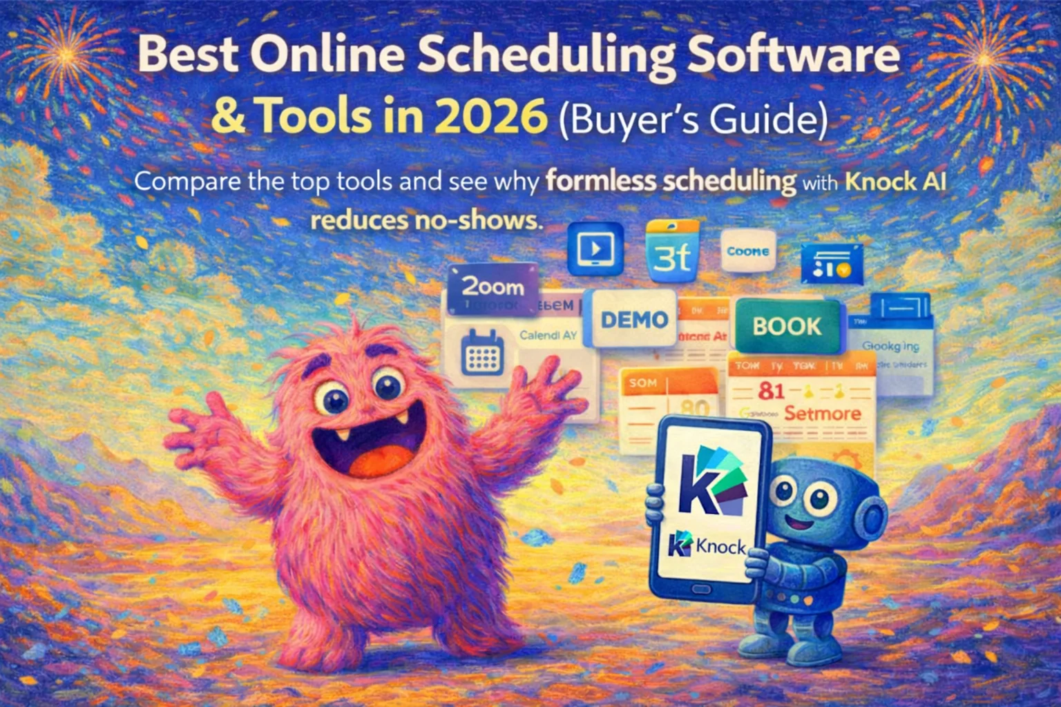 Friendly monsters and robots promote Best Online Scheduling Software & Tools in 2026, showing Knock AI alongside calendar, demo, and book interfaces to contrast traditional scheduling with formless engagement.