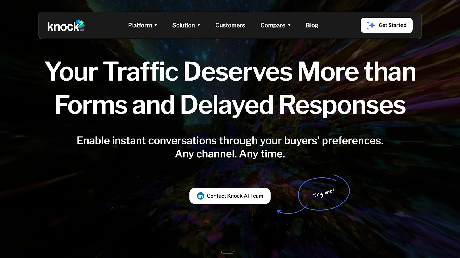 Knock AI homepage highlights Best Online Scheduling Software & Tools in 2026 with a bold headline, navigation menu, and contact button emphasizing instant conversations beyond traditional forms.