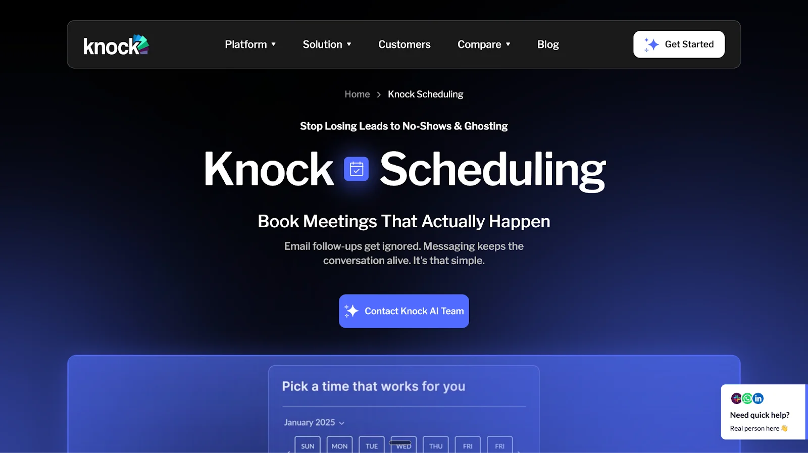 Knock AI Scheduling page for Best Online Scheduling Software & Tools in 2026 shows navigation menu, headline, contact button, and embedded calendar focused on booking meetings that actually happen.
