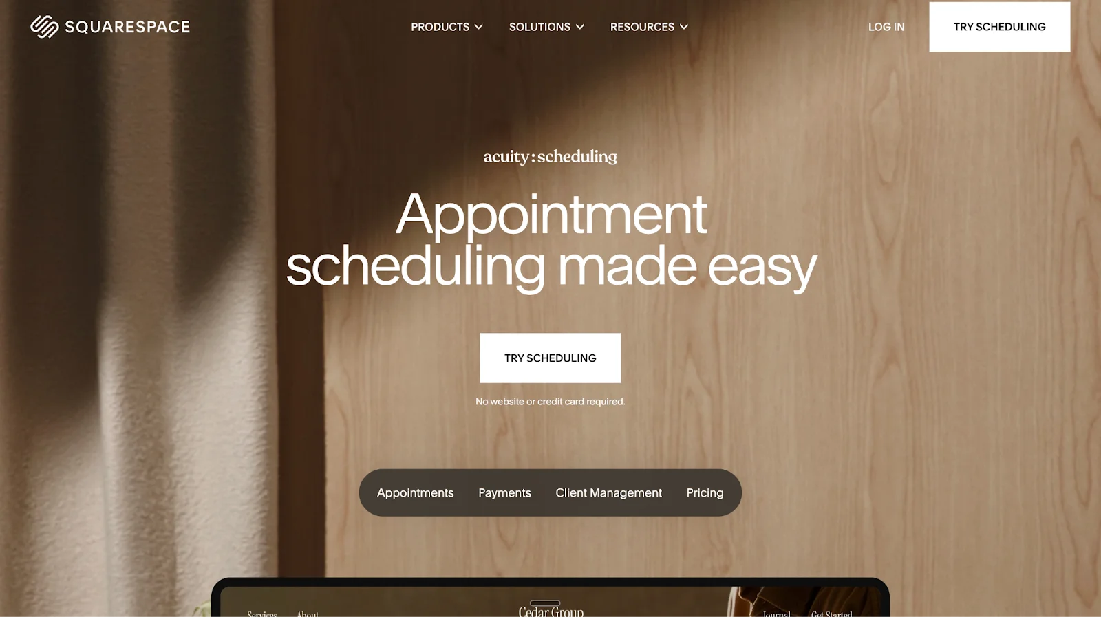 Acuity Scheduling by Squarespace page for Best Online Scheduling Software & Tools in 2026 shows navigation, appointment scheduling headline, try scheduling button, and tabs for appointments, payments, and client management.