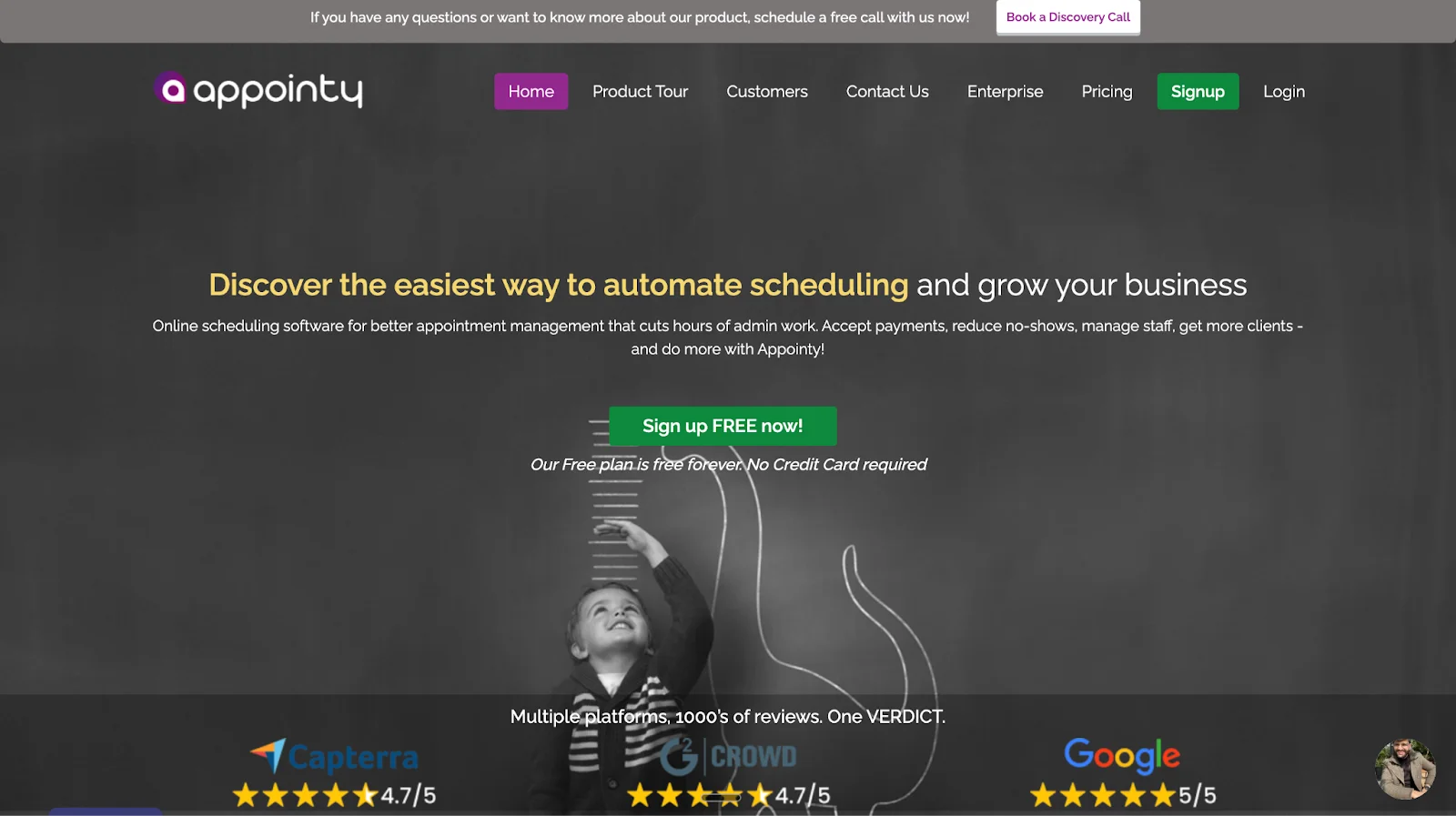 Appointy homepage for Best Online Scheduling Software & Tools in 2026 shows navigation, automation headline, sign up free button, and review badges highlighting online appointment scheduling and business management.