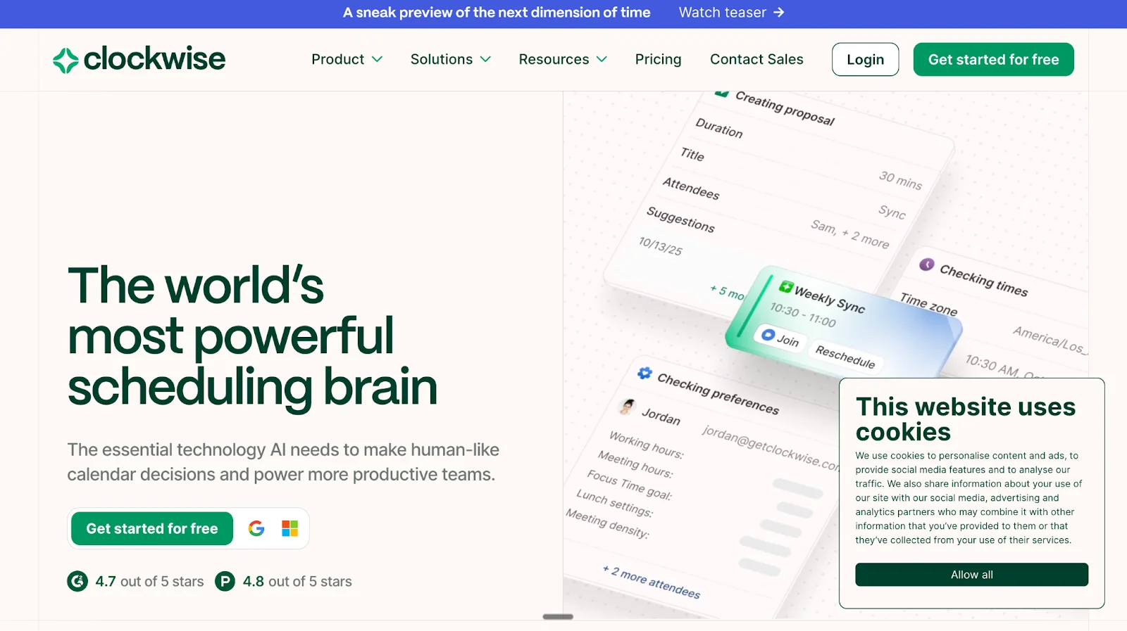 Clockwise homepage for Best Online Scheduling Software & Tools in 2026 shows navigation, get started for free button, scheduling cards, and AI calendar features supporting meeting coordination and team availability.