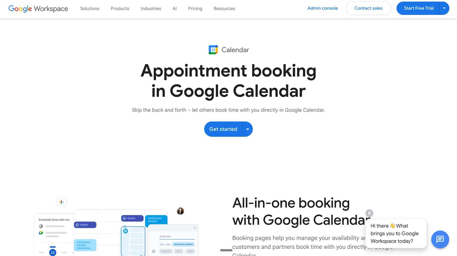 Google Calendar page for Best Online Scheduling Software & Tools in 2026 shows Google Workspace navigation, appointment booking headline, get started button, and booking UI highlighting direct scheduling inside the calendar.