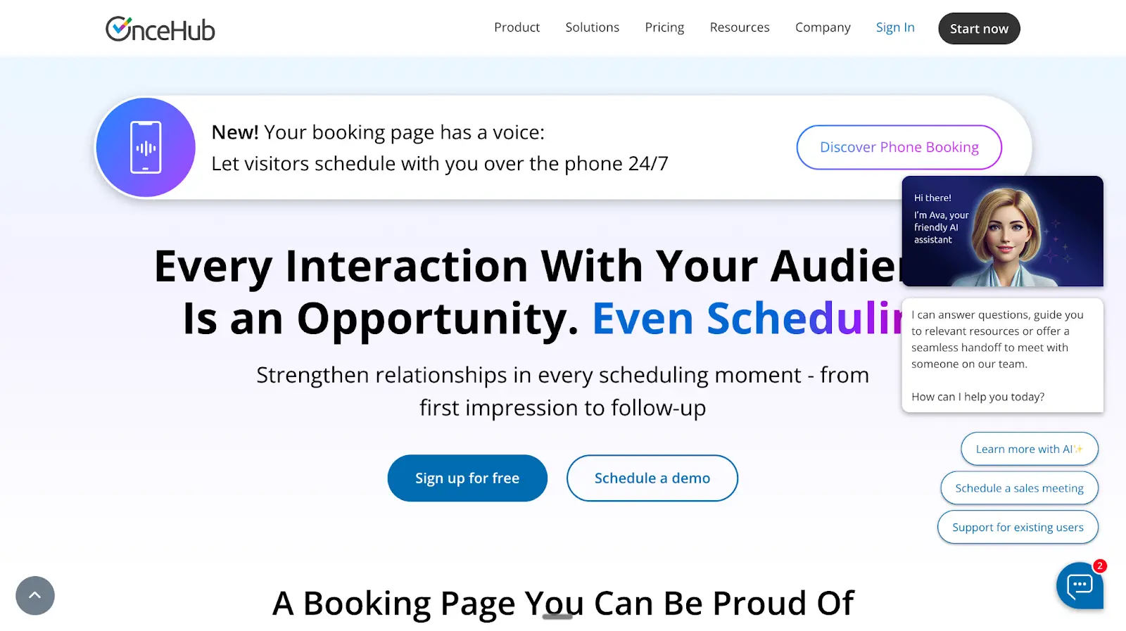 OnceHub homepage for Best Online Scheduling Software & Tools in 2026 shows navigation, signup and demo buttons, and an AI chat assistant highlighting conversational scheduling across web, chat, and phone.