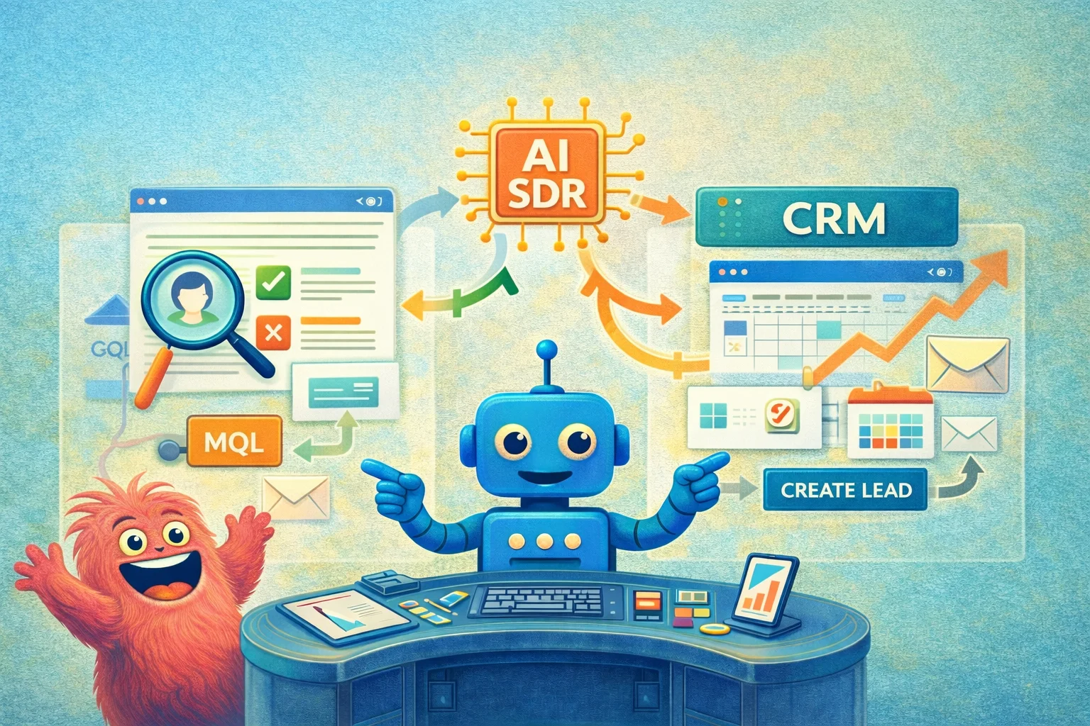 Illustration shows an AI SDR connected to CRM workflows, qualifying MQLs, creating leads, and syncing conversations, calendars, and email, highlighting how Knock AI automates real-time lead qualification and routing.