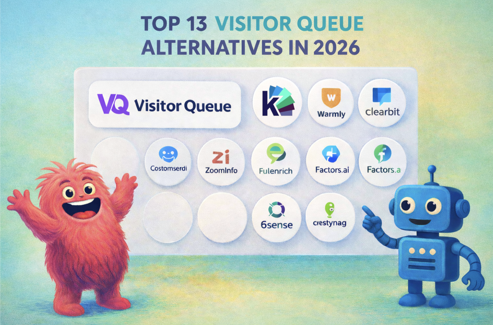 Top 13 Visitor Queue alternatives in 2026 graphic featuring Visitor Queue, Knock AI, Warmly, Clearbit, ZoomInfo, 6sense, and other competitor logos with illustrated mascots highlighting comparison options.