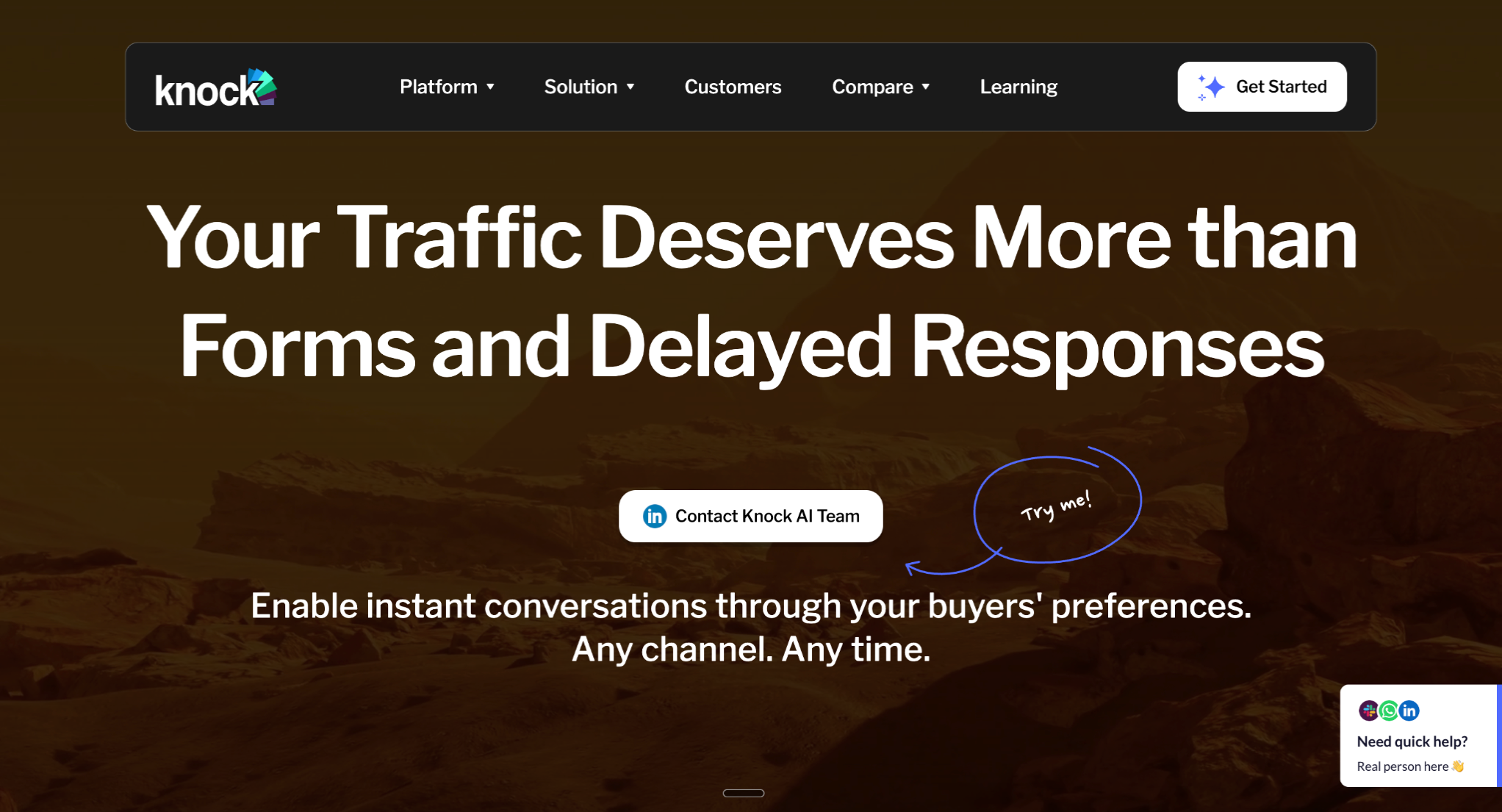 Knock AI homepage hero highlights real-time engagement with a “Contact Knock AI Team” button, navigation menu, and messaging about enabling instant buyer conversations without forms or delayed responses.