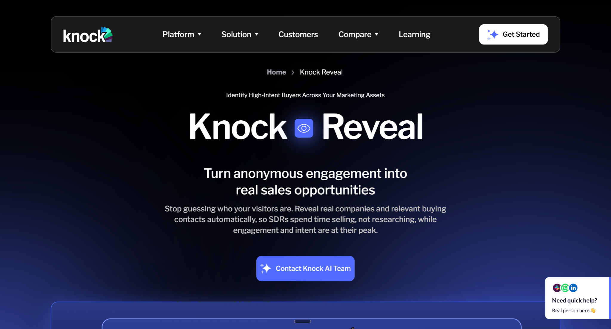 Knock Reveal landing page shows headline about identifying high-intent buyers, navigation menu, and a “Contact Knock AI Team” button to turn anonymous website engagement into real sales opportunities.