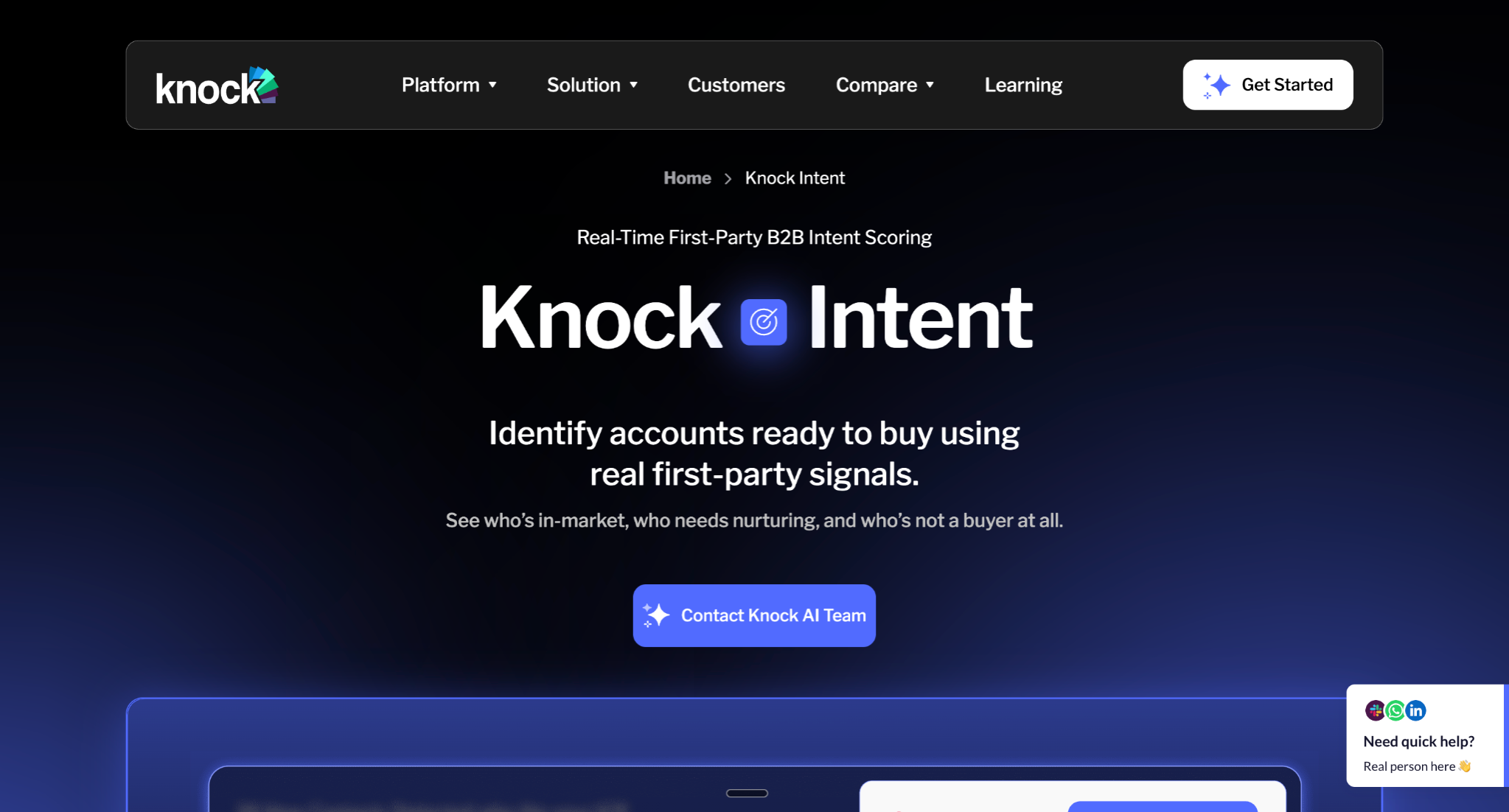 Knock Intent landing page highlights real-time first-party B2B intent scoring, navigation menu, and a Contact Knock AI Team button to identify accounts ready to buy using first-party signals.