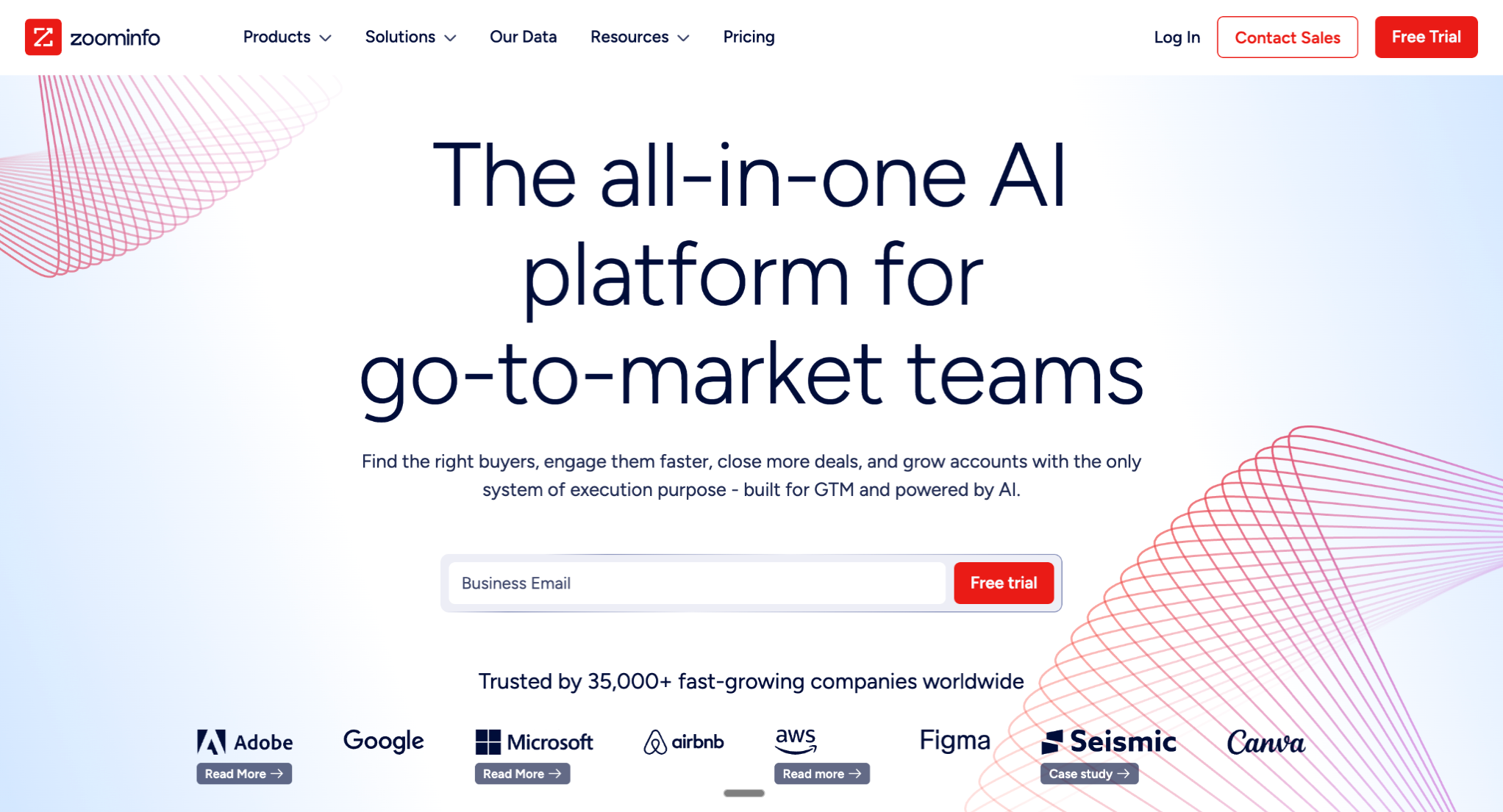 ZoomInfo homepage promotes an all-in-one AI platform for go-to-market teams with business email free trial form, Contact Sales button, and logos from Adobe, Google, Microsoft, and AWS.