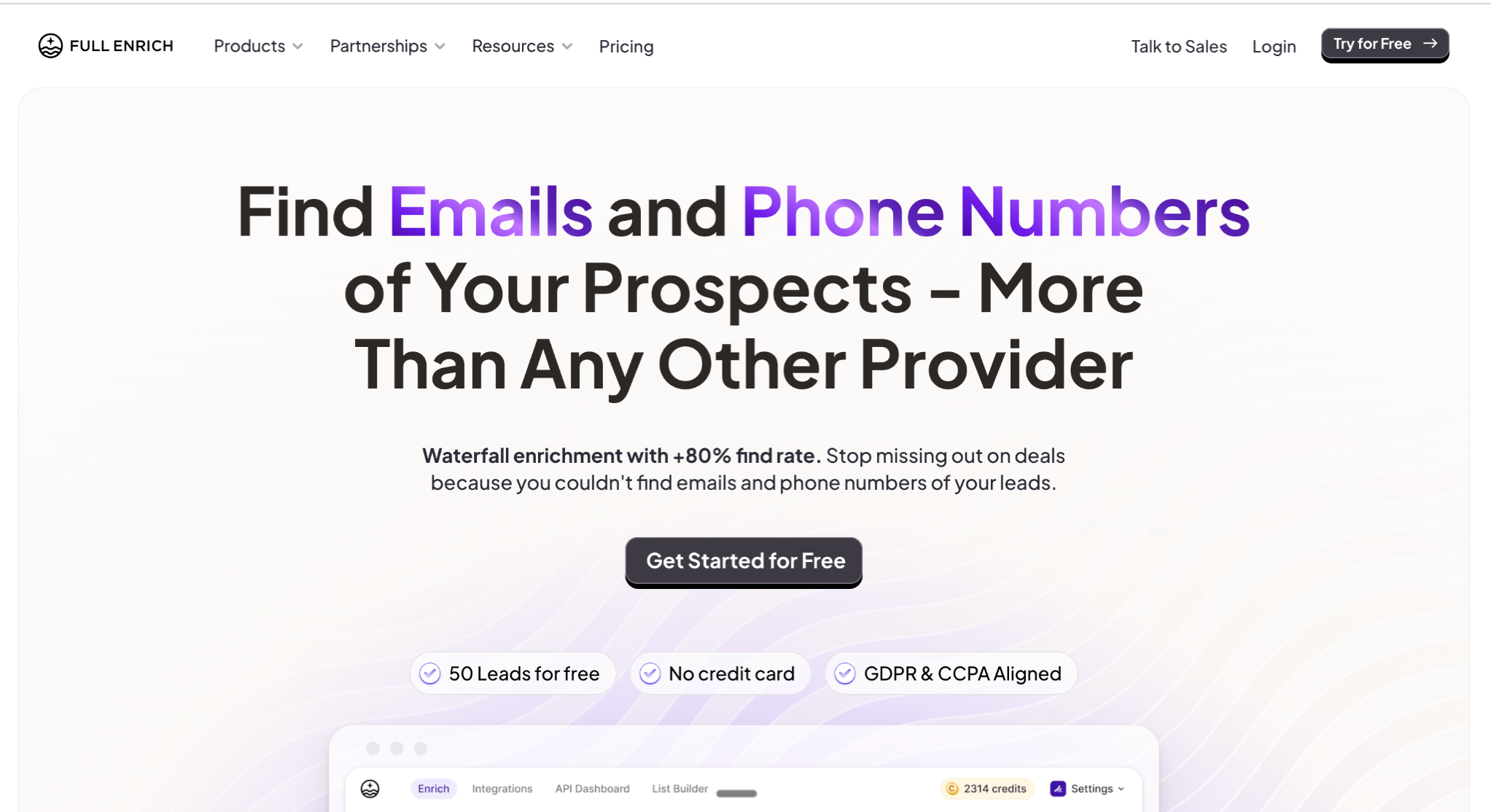 FullEnrich homepage promotes finding emails and phone numbers of prospects with waterfall enrichment, 80%+ find rate, Get Started for Free button, and badges for free leads and GDPR compliance.