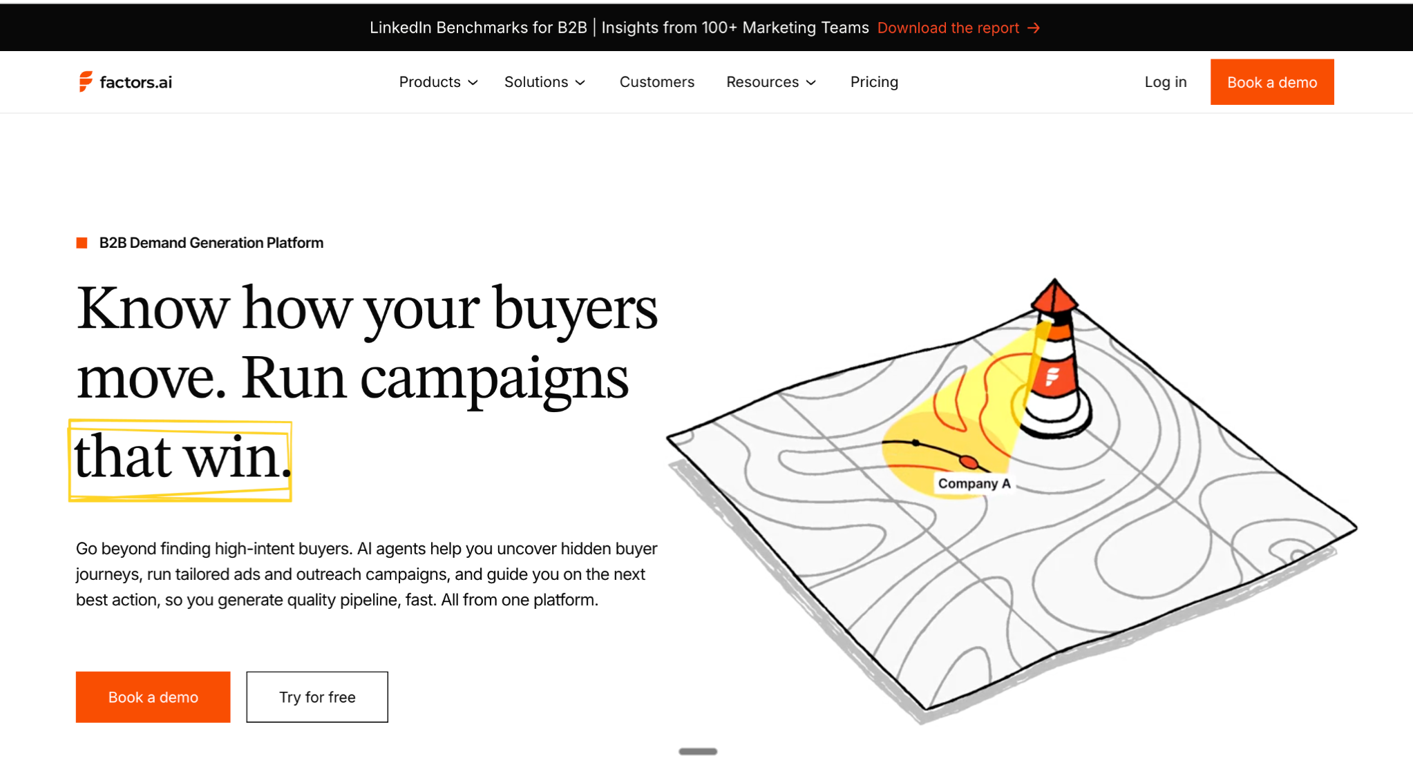 Factors.ai homepage promotes its B2B demand generation platform with headline “Know how your buyers move. Run campaigns that win,” lighthouse graphic, and Book a demo and Try for free buttons.