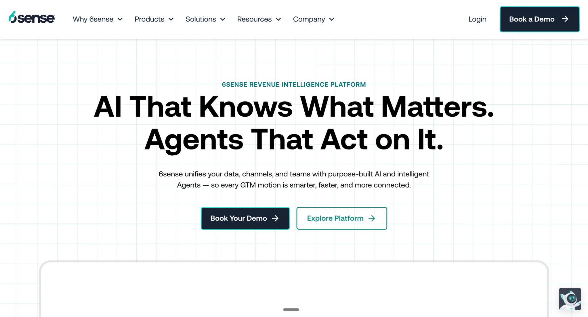 6sense homepage highlights its revenue intelligence platform with the headline “AI That Knows What Matters. Agents That Act on It.” and Book Your Demo and Explore Platform calls to action.