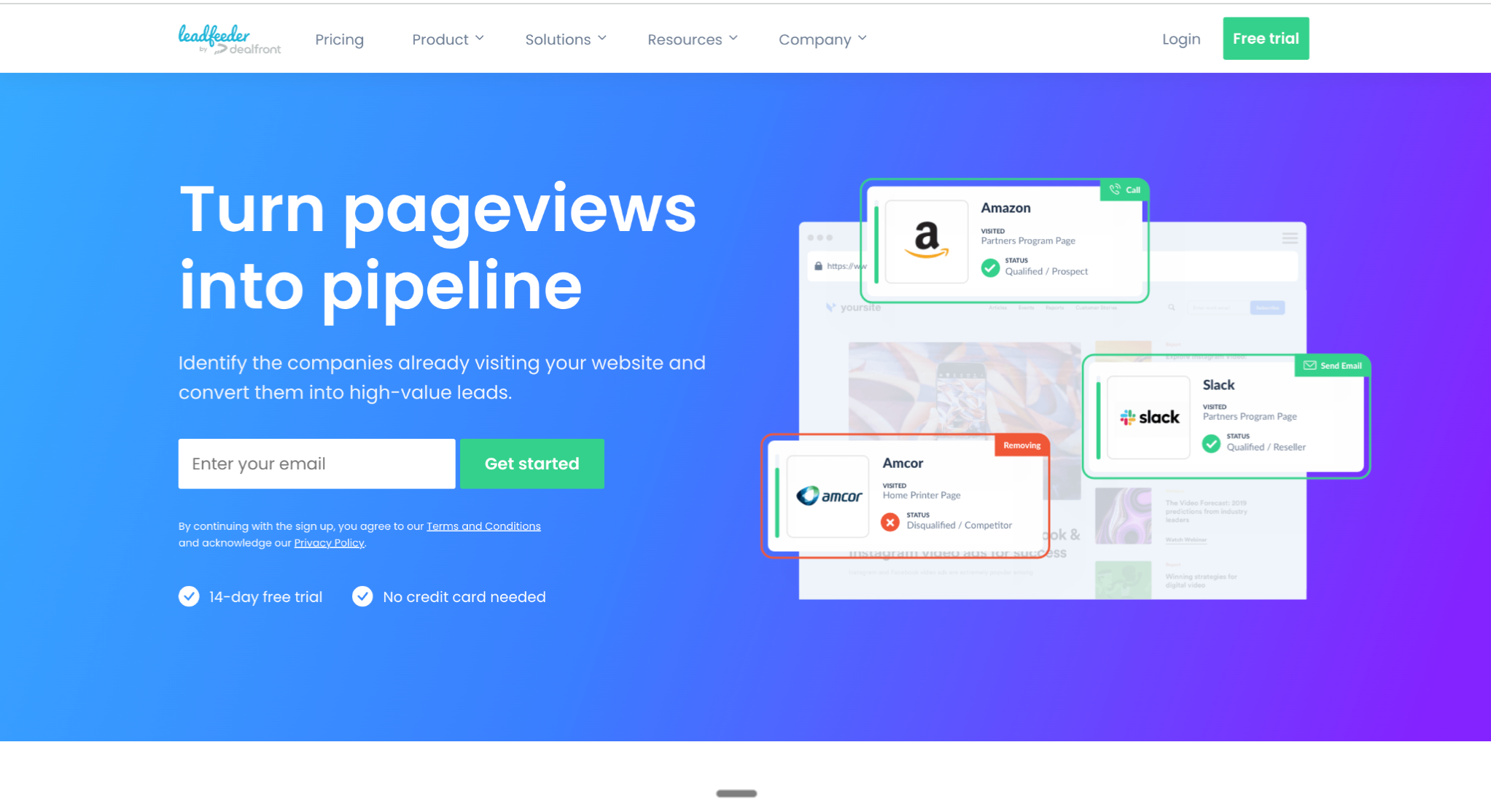 Leadfeeder homepage promotes turning pageviews into pipeline with an email signup form and company visitor cards like Amazon and Slack to identify website visitors and convert them into leads.