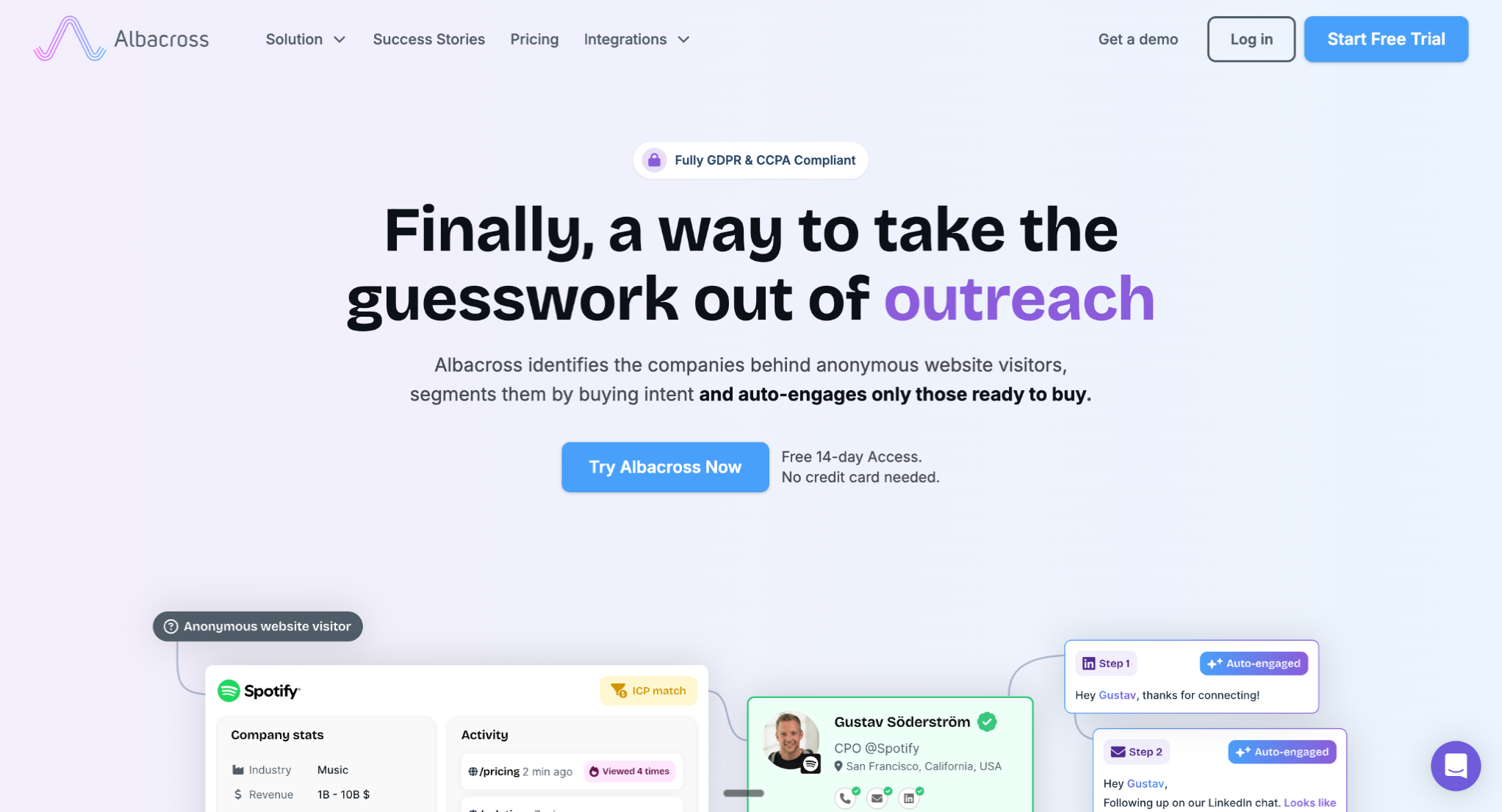 Albacross homepage states Finally a way to take the guesswork out of outreach, highlights GDPR and CCPA compliance, and promotes a 14-day free trial to identify and auto-engage high-intent website visitors.