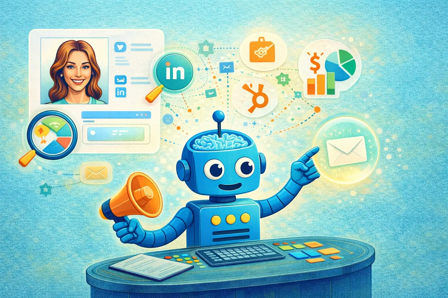 Illustration shows an AI assistant robot managing LinkedIn, HubSpot, email, and analytics dashboards to automate prospecting workflows and improve AI SDR performance across multiple marketing and sales channels.