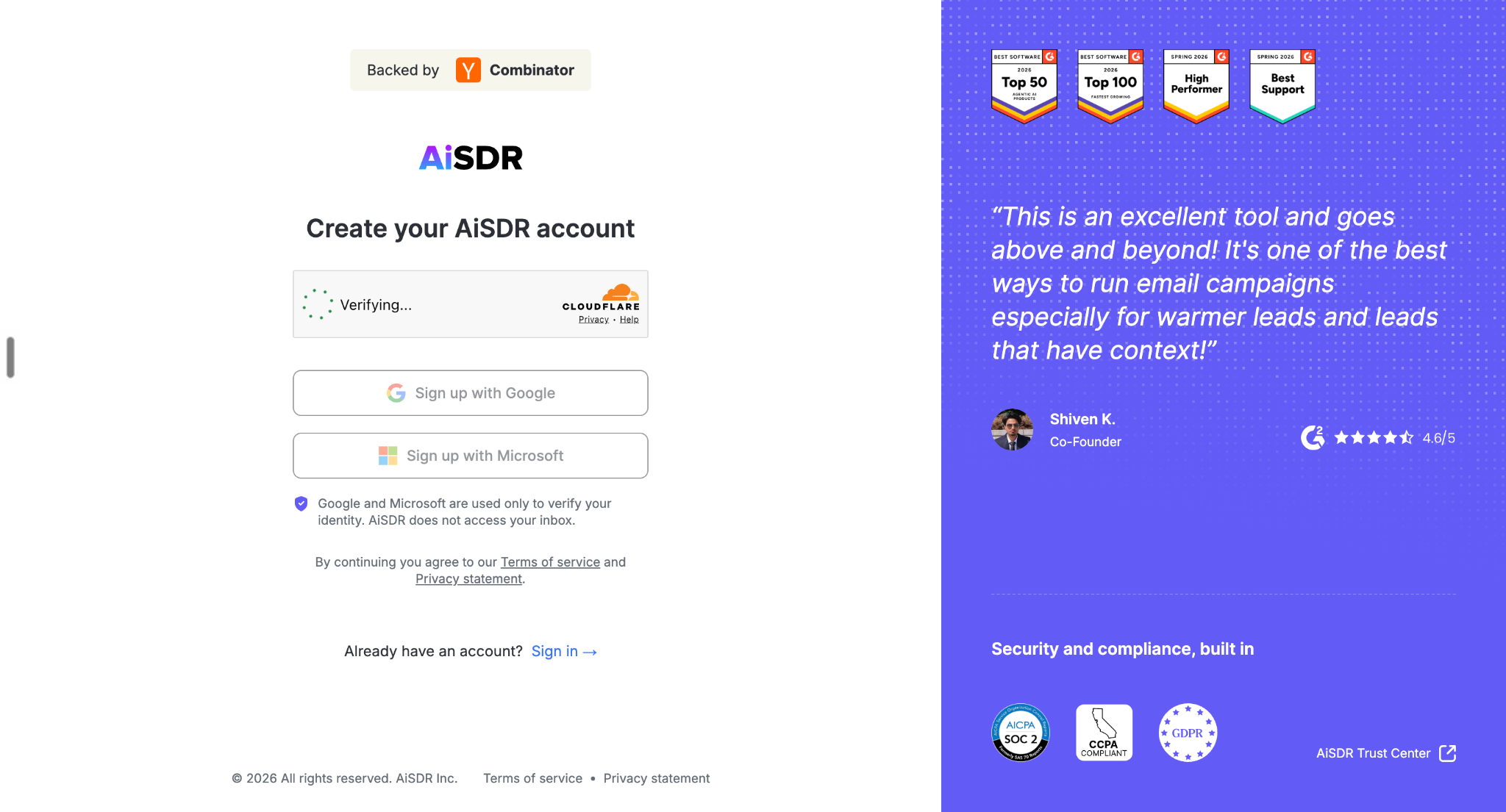 Sign Up With Google or Microsoft to AiSDR