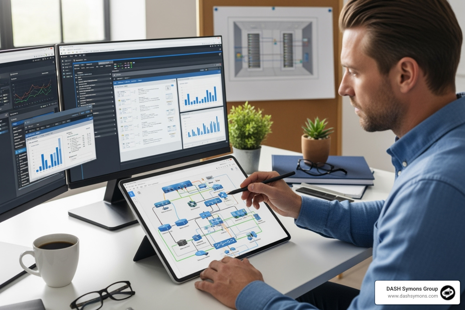 network engineer planning a layout on a digital tablet - network infrastructure solution