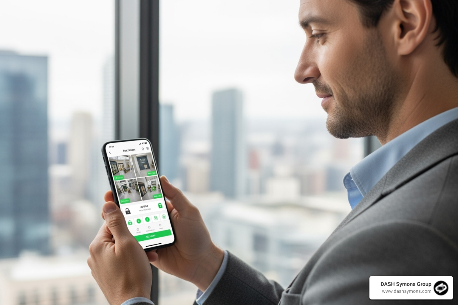 business owner confidently checking security system on smartphone - Advanced security integration