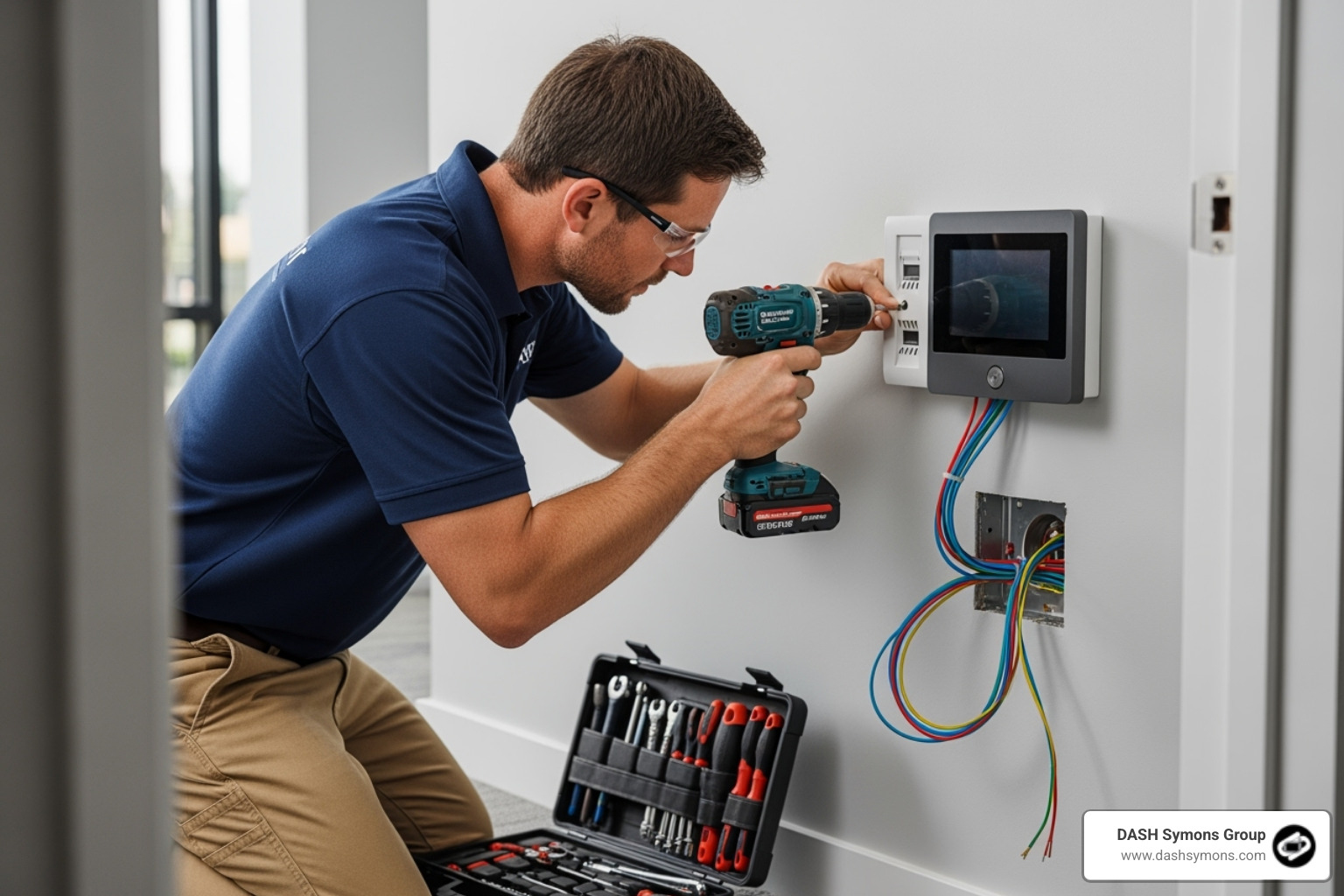 professional technician neatly installing a control panel on a wall - electronic alarms and installations