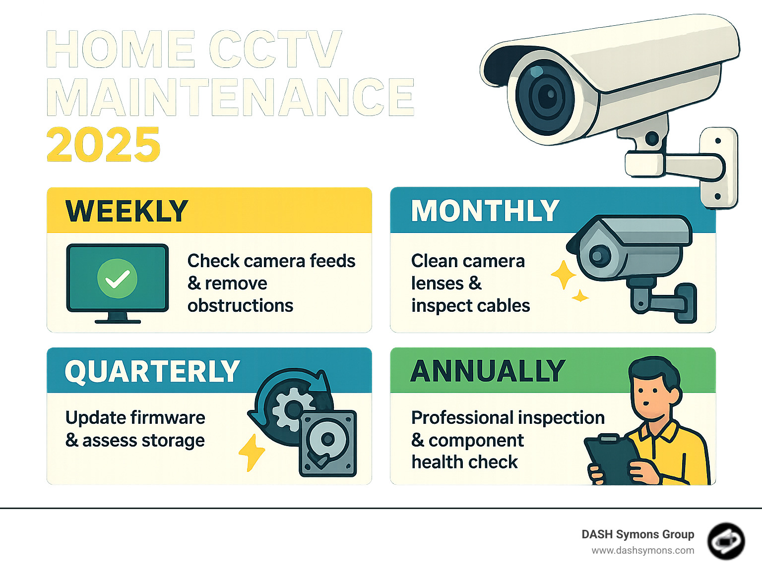 Comprehensive breakdown of home CCTV maintenance tasks organised by frequency - weekly checks including camera feed verification and obstruction removal, monthly tasks like lens cleaning and cable inspection, quarterly reviews covering firmware updates and storage assessment, and annual professional inspections with detailed component health analysis - home cctv maintenance infographic 
