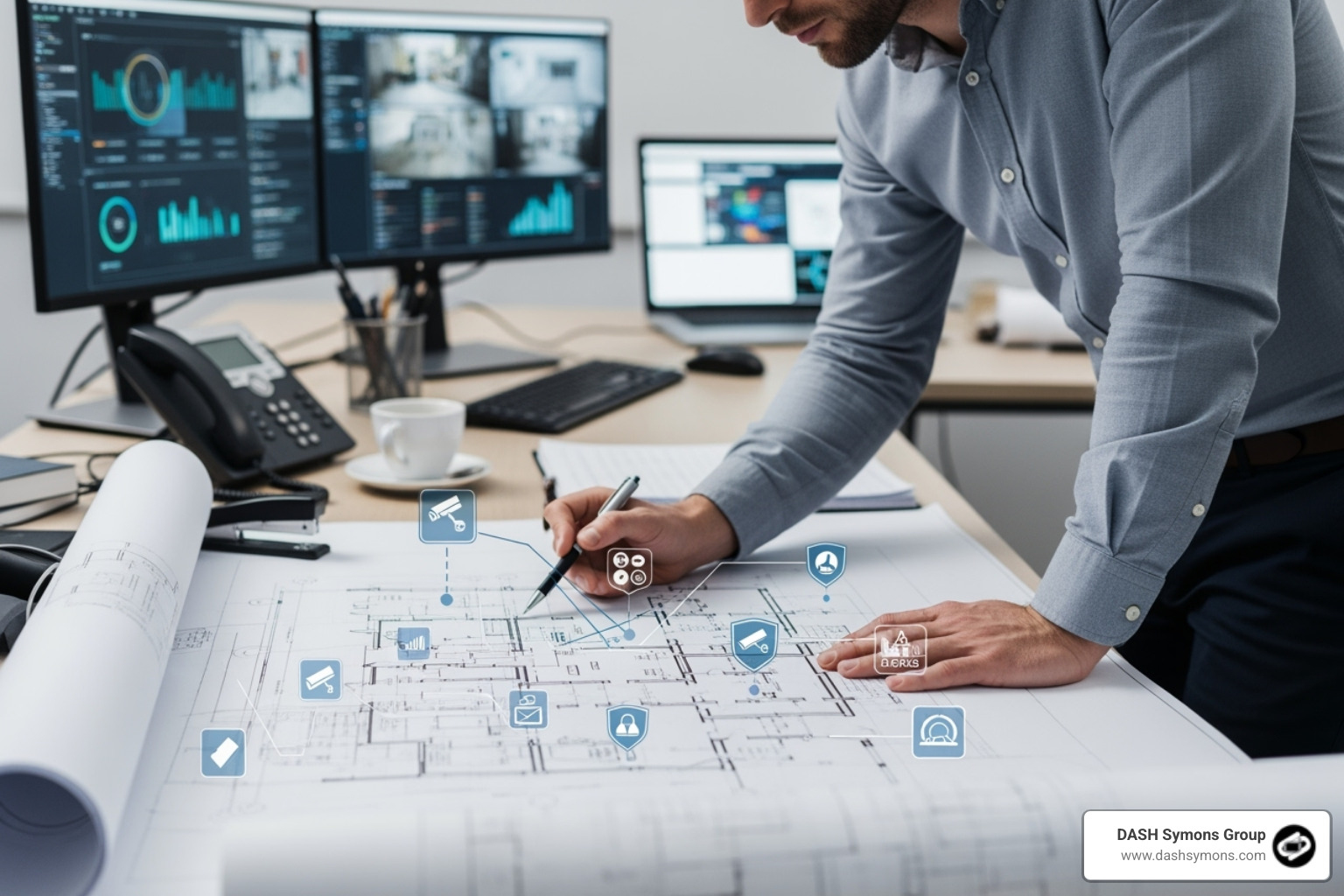 Image of a facility manager reviewing a blueprint with security overlay icons - Secure facility management