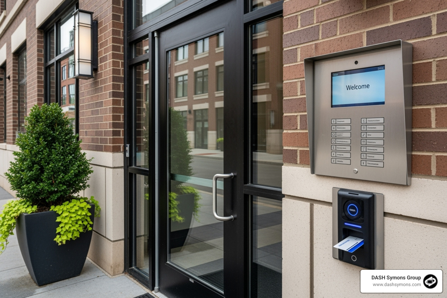 A secure apartment building entrance with a clear access control reader and intercom - security systems for body corporates