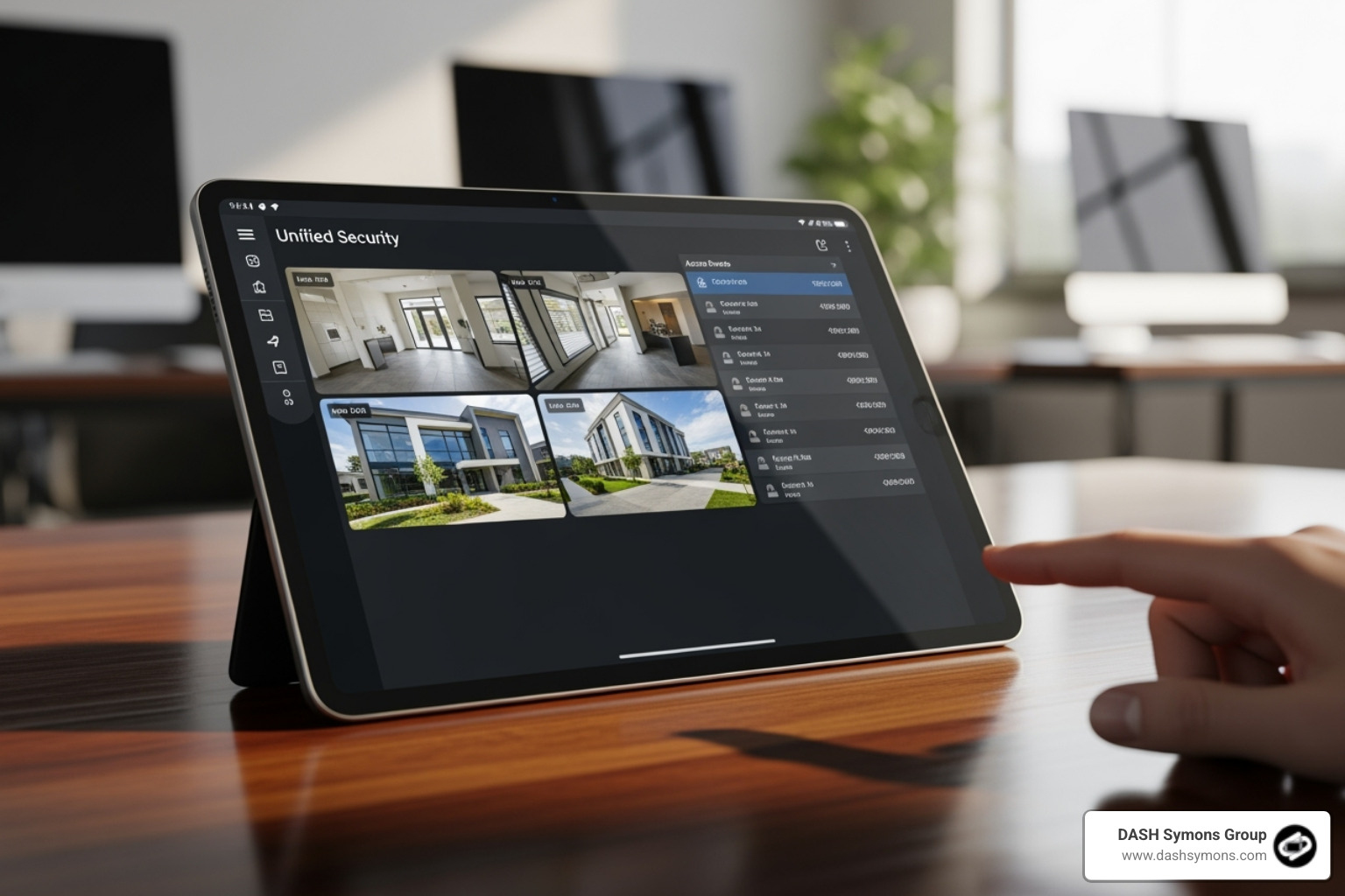 A unified security dashboard on a tablet showing camera feeds and access logs - security systems for body corporates