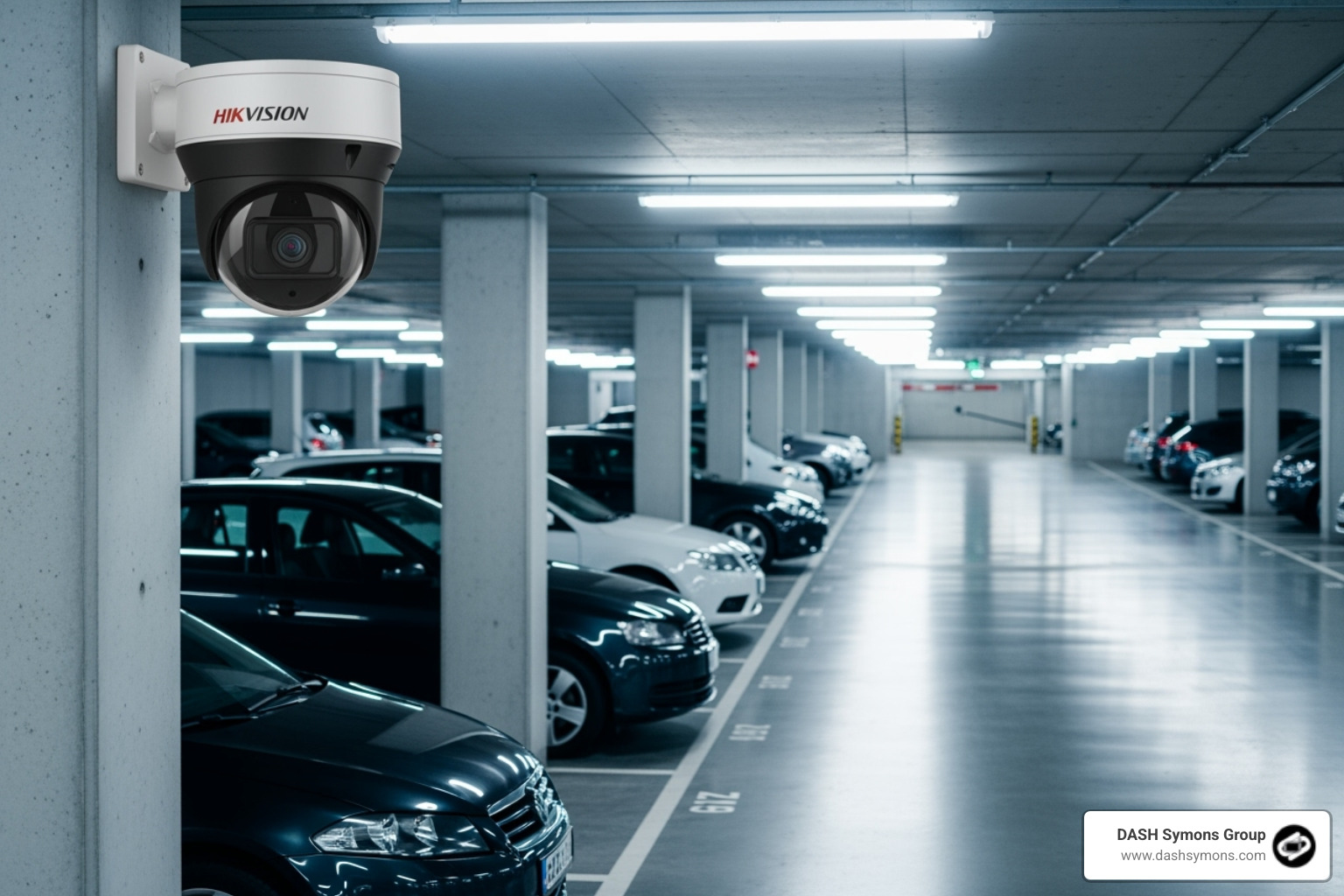 A high-definition CCTV camera monitoring a basement car park - security systems for body corporates