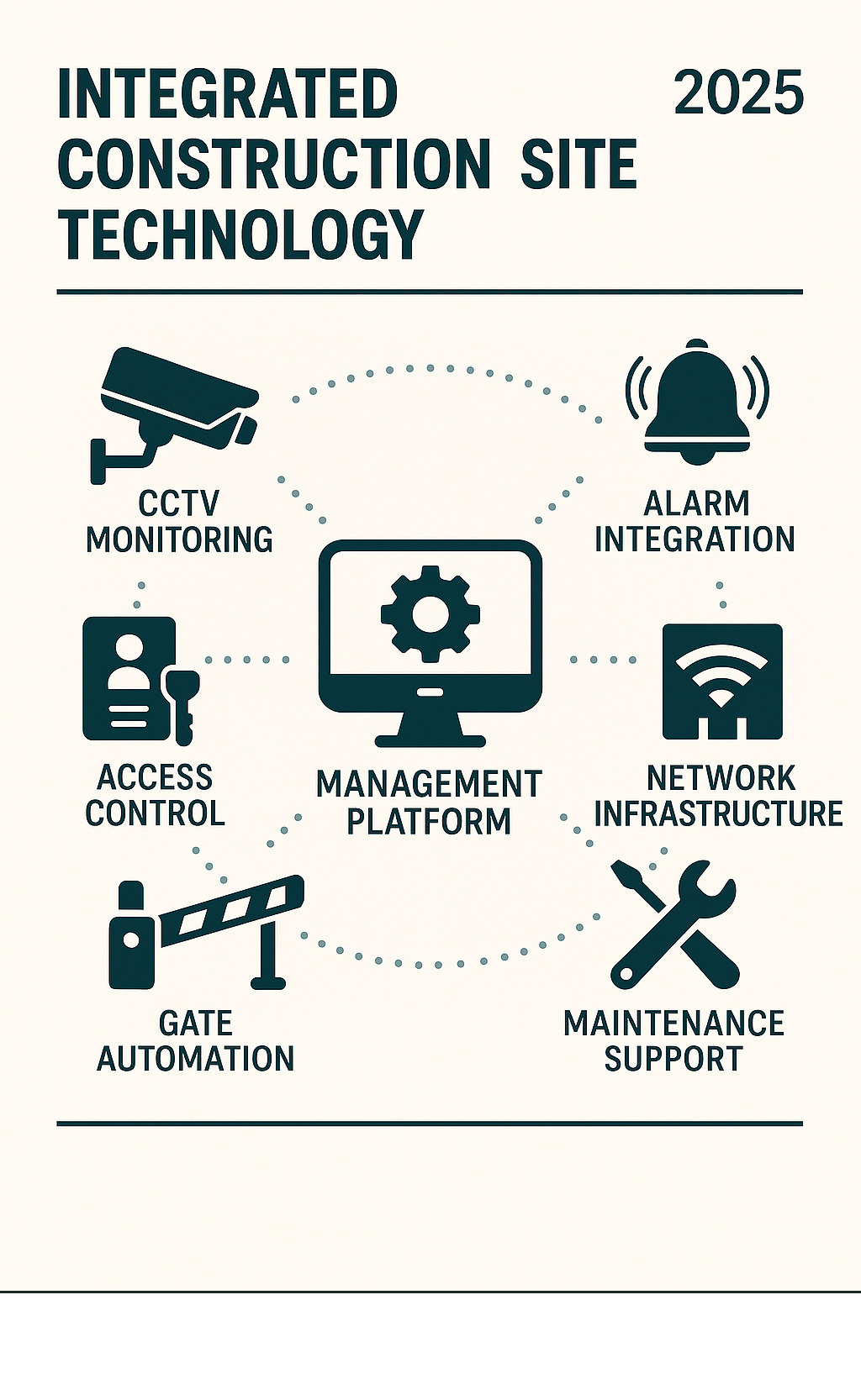Comprehensive guide to integrated construction site technology showing CCTV monitoring, access control systems, alarm integration, network infrastructure, gate automation, and maintenance support all connected through a single management platform - construction site technology solutions infographic 