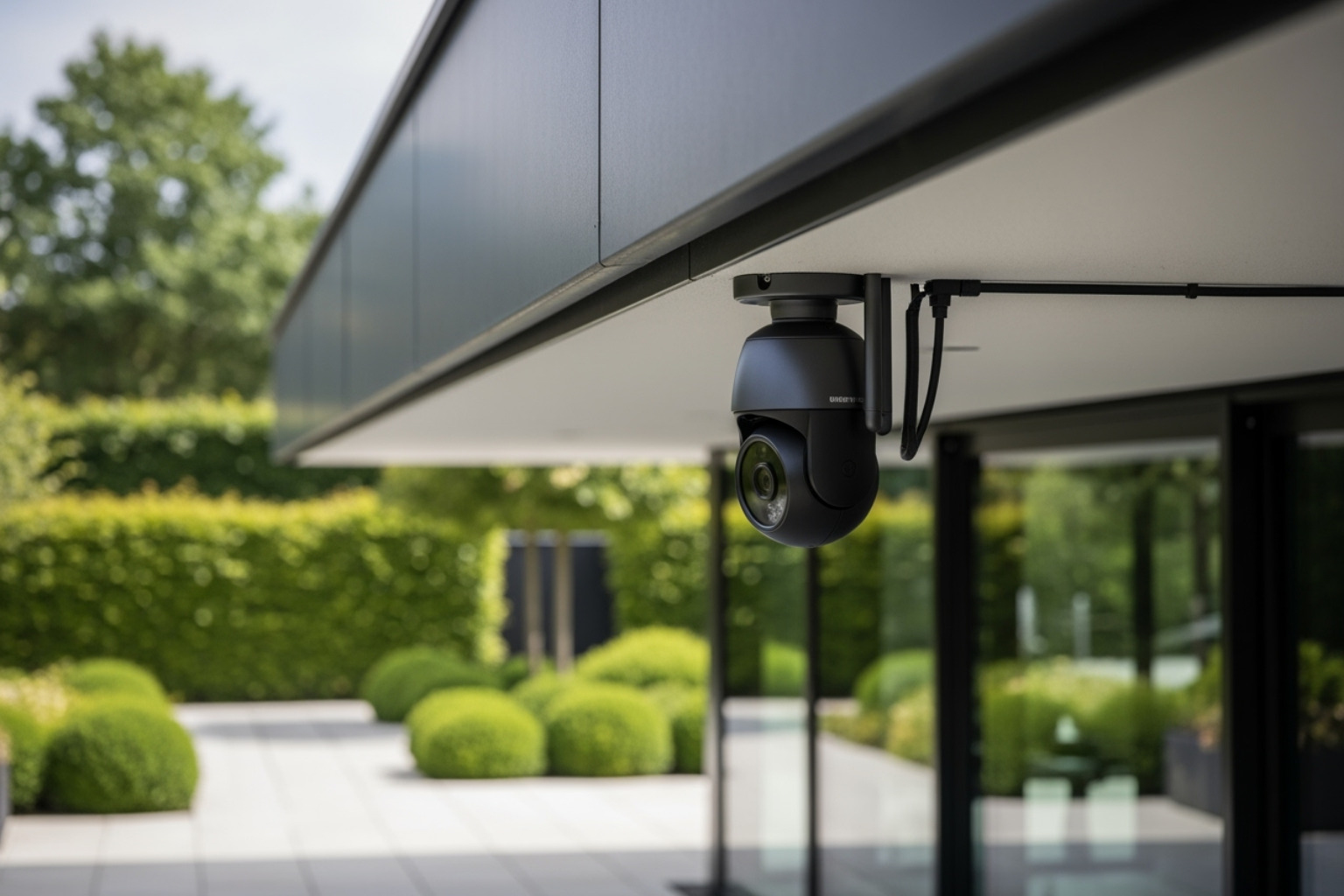 A neatly installed outdoor security camera with a high IP rating, mounted under an eave, with a technician inspecting the sealed conduit for cables. - After the Storm: How Weather Can Compromise Your Security System