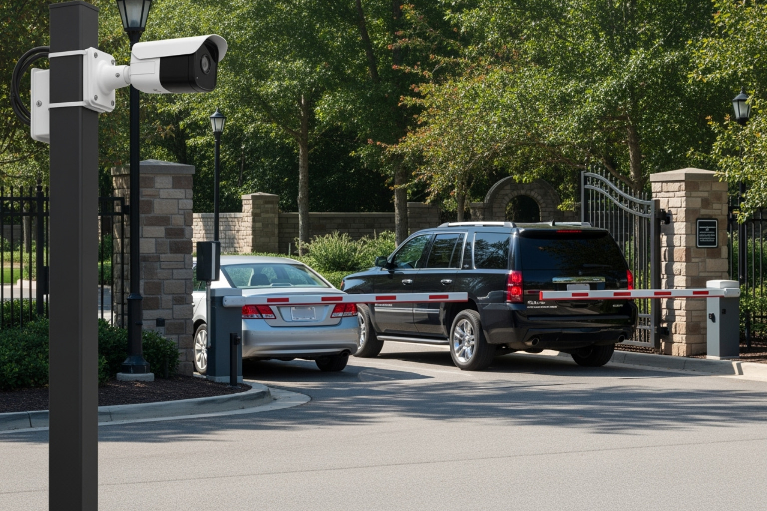 A security camera mounted on a gate post, capturing a vehicle tailgating another car through a partially open automated gate, illustrating a common security vulnerability in gated communities. - Gated community security