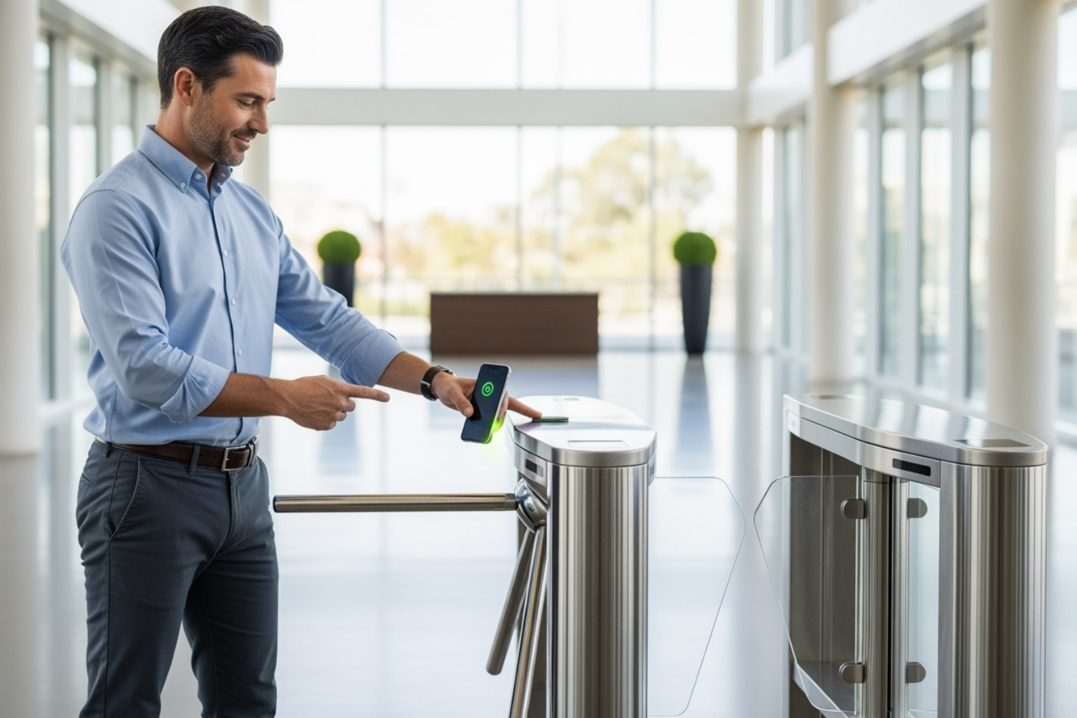 Person using mobile credential to pass through turnstile - smart security solutions for office towers
