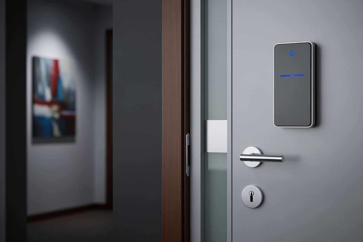 A person using a key card to enter a modern office building, with a sleek access control reader visible. - Security at Scale: What Growing Businesses Often Forget