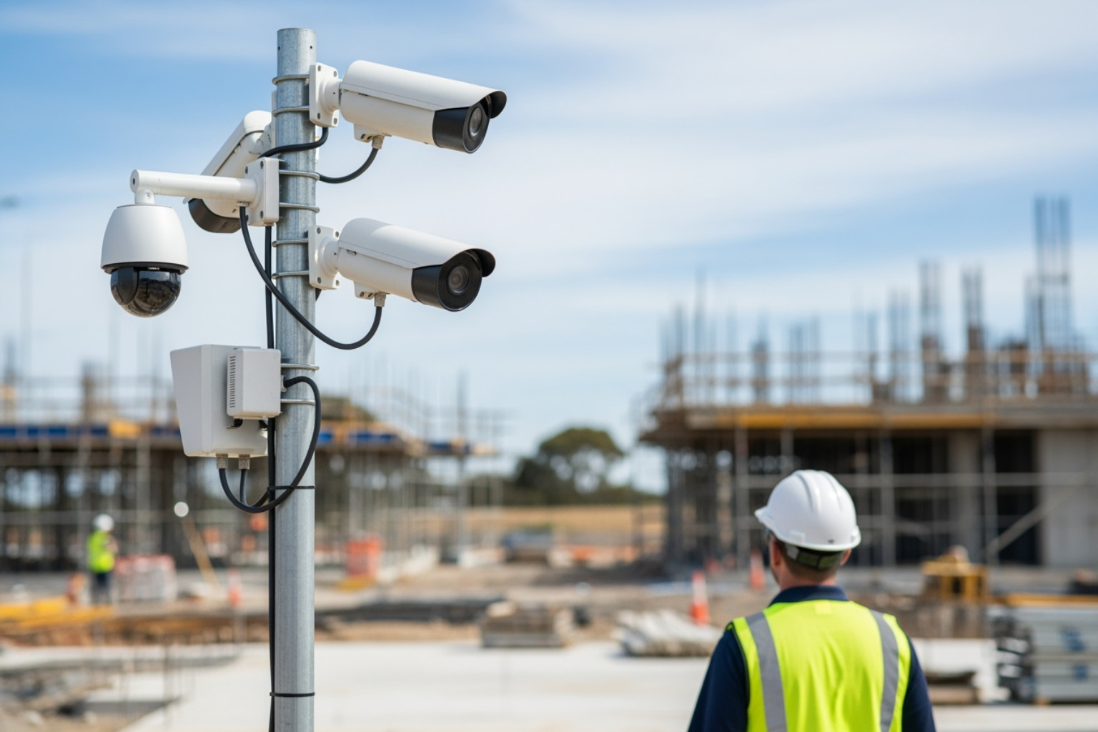 Pole-mounted security unit with cameras, strobe lights, and speakers - Why Construction Sites Need More Than Cameras to Stay Secure