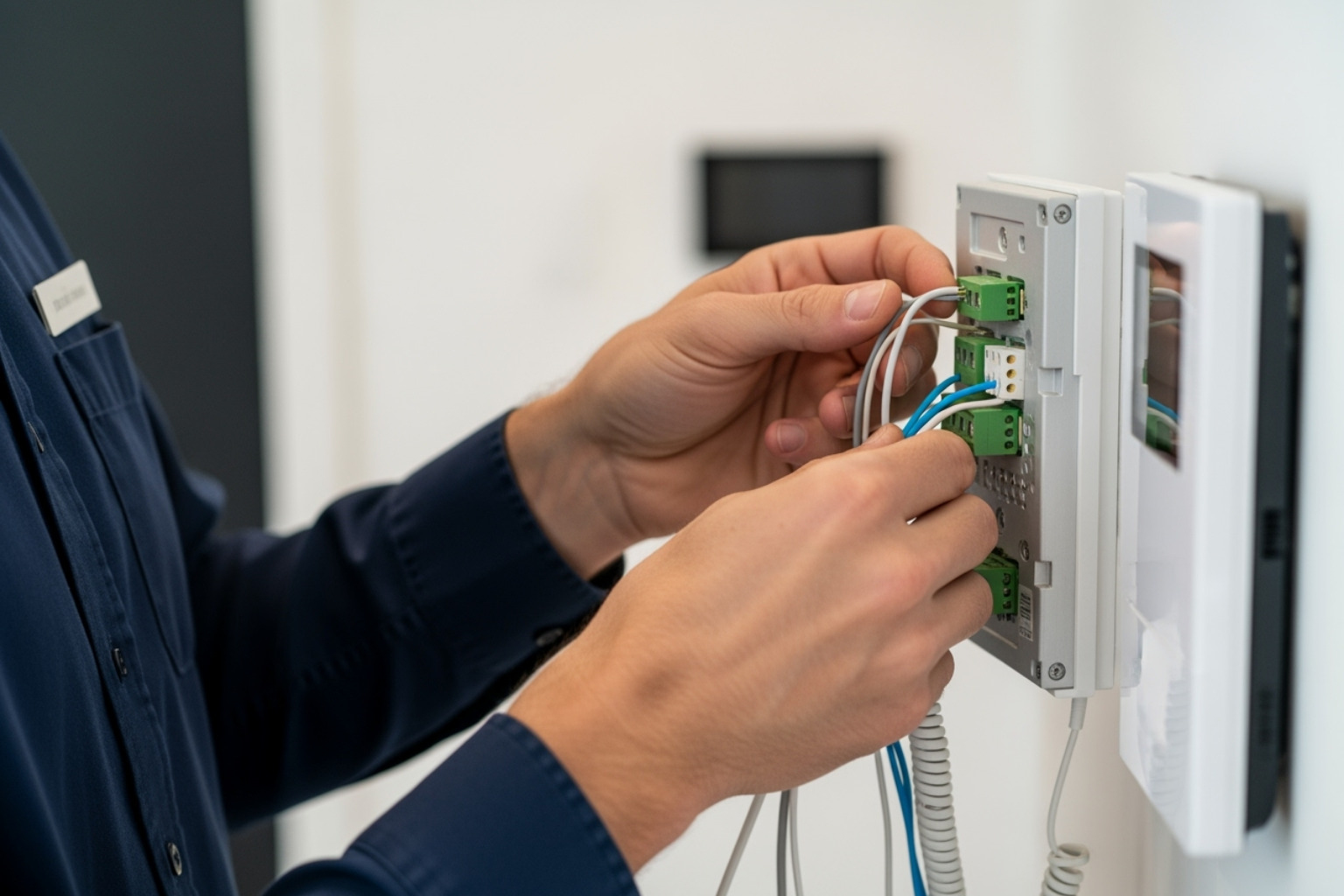 Professional technician connecting wires to the back of an intercom unit - From Box to Buzz: Your Complete Video Intercom Installation Guide Professional technician connecting wires to the back of an intercom unit - From Box to Buzz: Your Complete Video Intercom Installation Guide