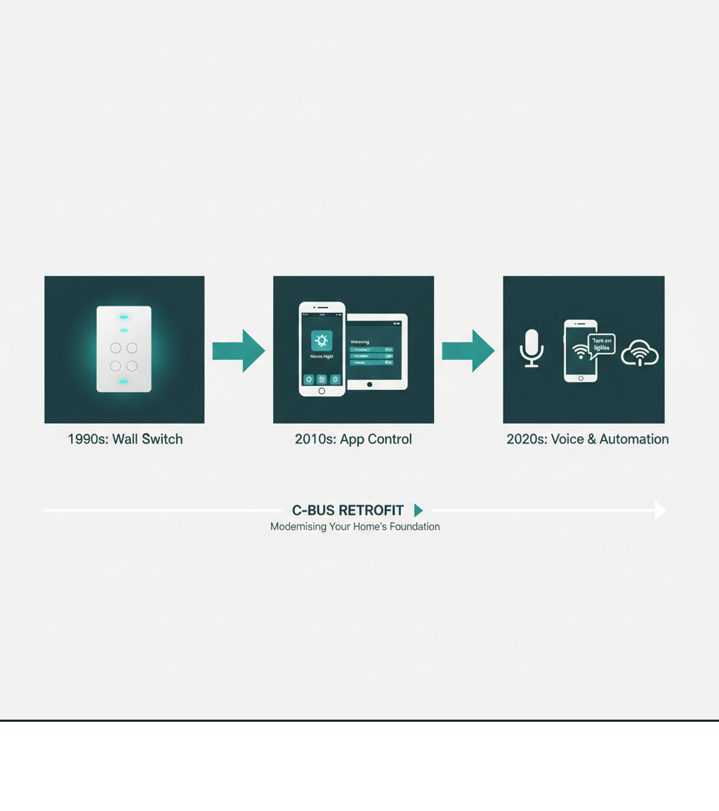 Infographic showing the evolution from basic C-Bus wall switch to modern Clipsal Wiser app control with smartphone, tablet, and voice assistant integration - C-Bus retrofit infographic  Infographic showing the evolution from basic C-Bus wall switch to modern Clipsal Wiser app control with smartphone, tablet, and voice assistant integration - C-Bus retrofit infographic