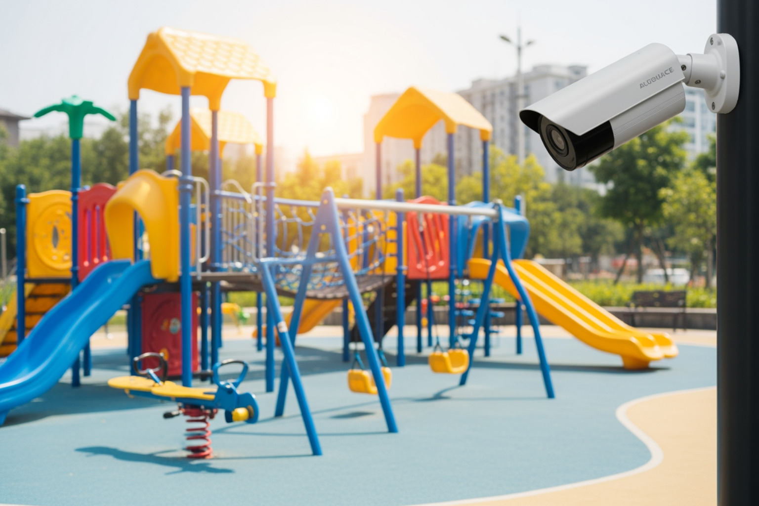 Safe outdoor play area with discreet security camera - CCTV compliance in schools and childcare