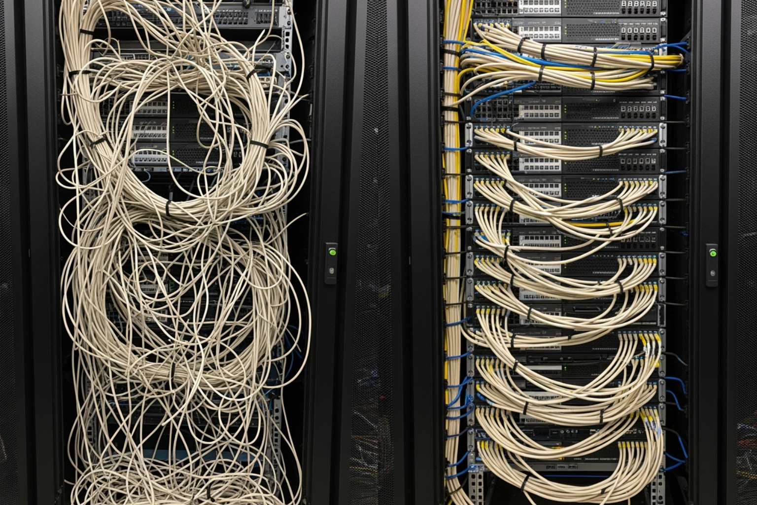 side-by-side comparison of messy, old point-to-point wiring versus clean, structured cabling in a server rack - The Overlooked Role of Network Cabling in Smart Building Projects side-by-side comparison of messy, old point-to-point wiring versus clean, structured cabling in a server rack - The Overlooked Role of Network Cabling in Smart Building Projects