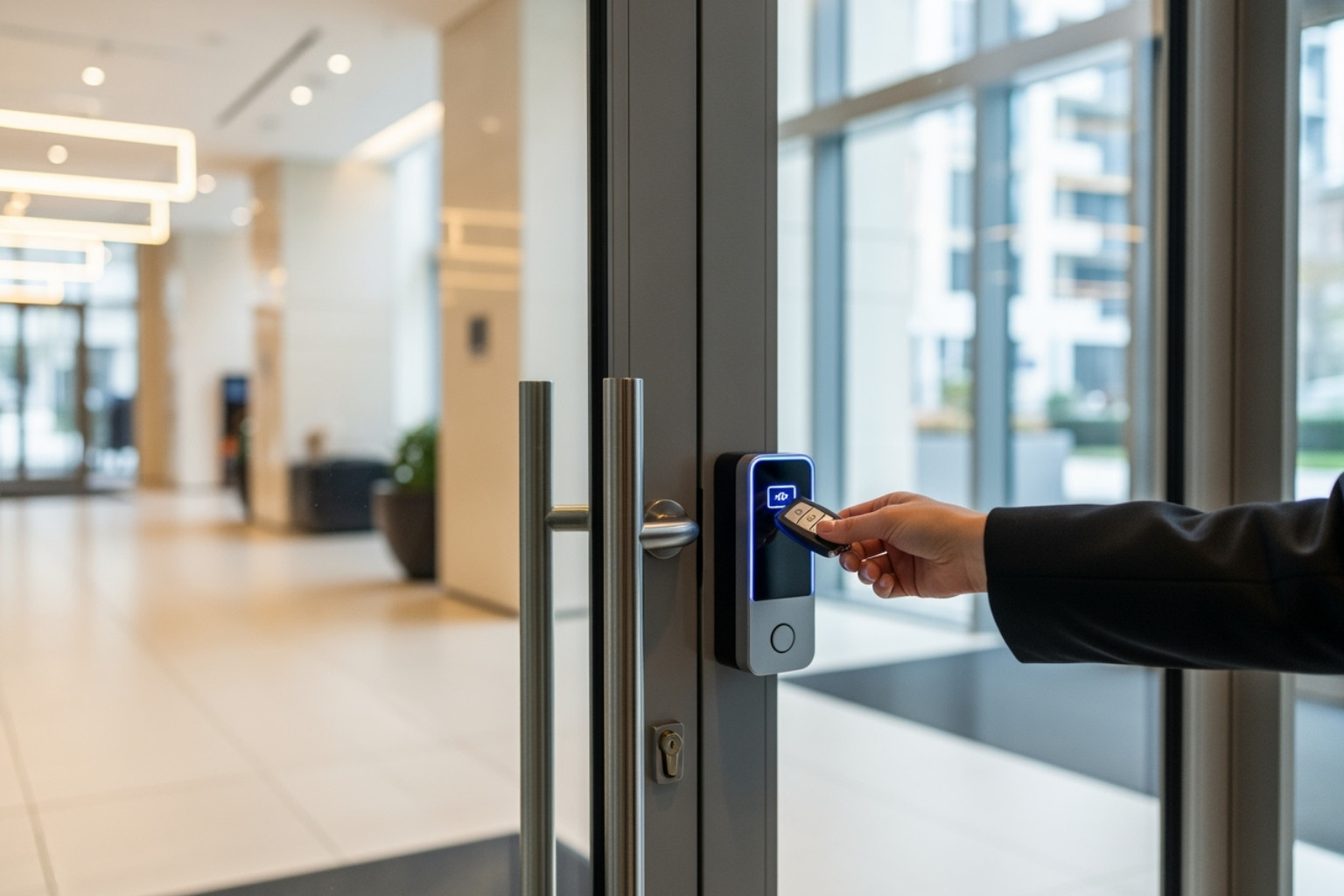 resident using key fob to enter high-rise lobby - secure high-rise building security systems resident using key fob to enter high-rise lobby - secure high-rise building security systems