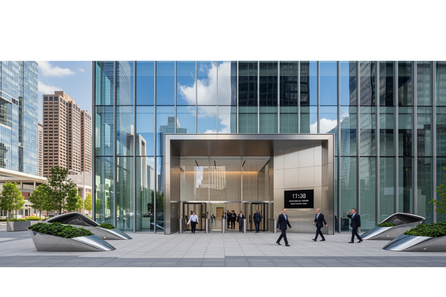 A futuristic, clean office building exterior