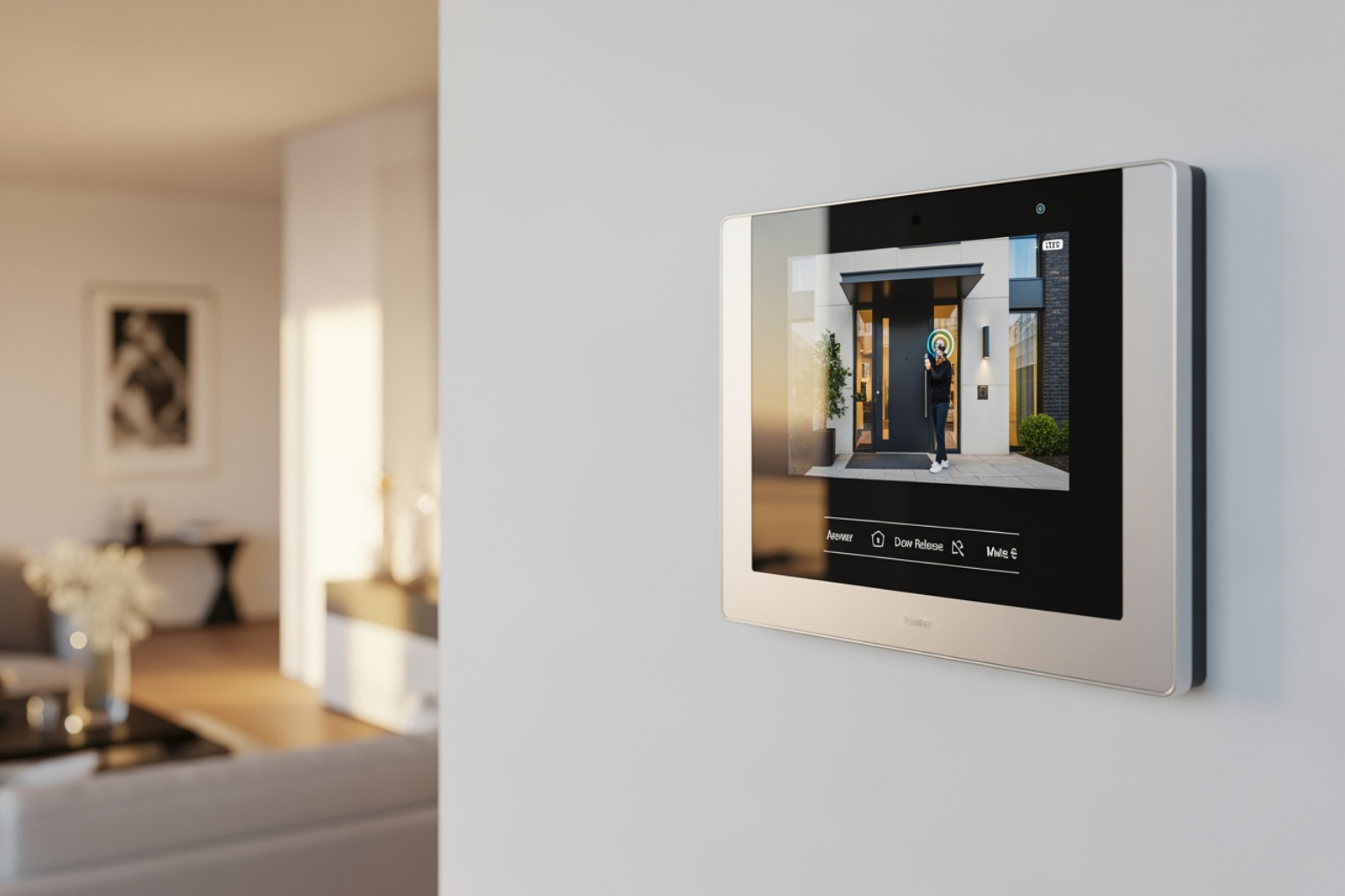 a hallway with modern intercoms