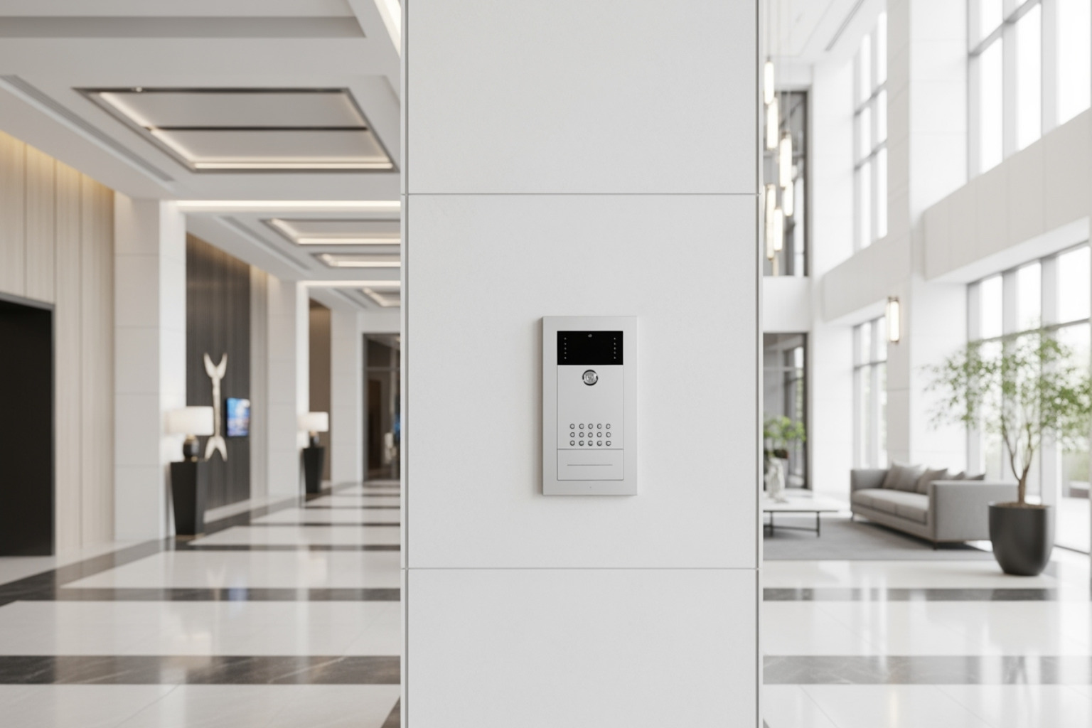 an intercom system at a business building lobby 