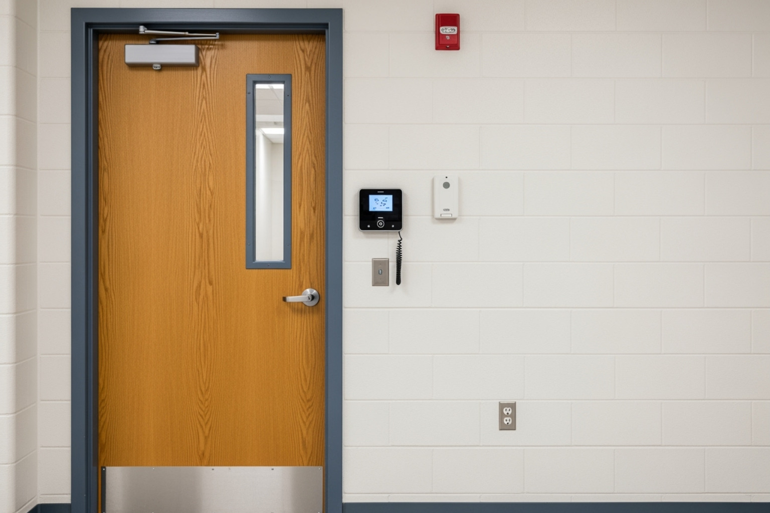 a secure classroom door with an intercom system a secure classroom door with an intercom system