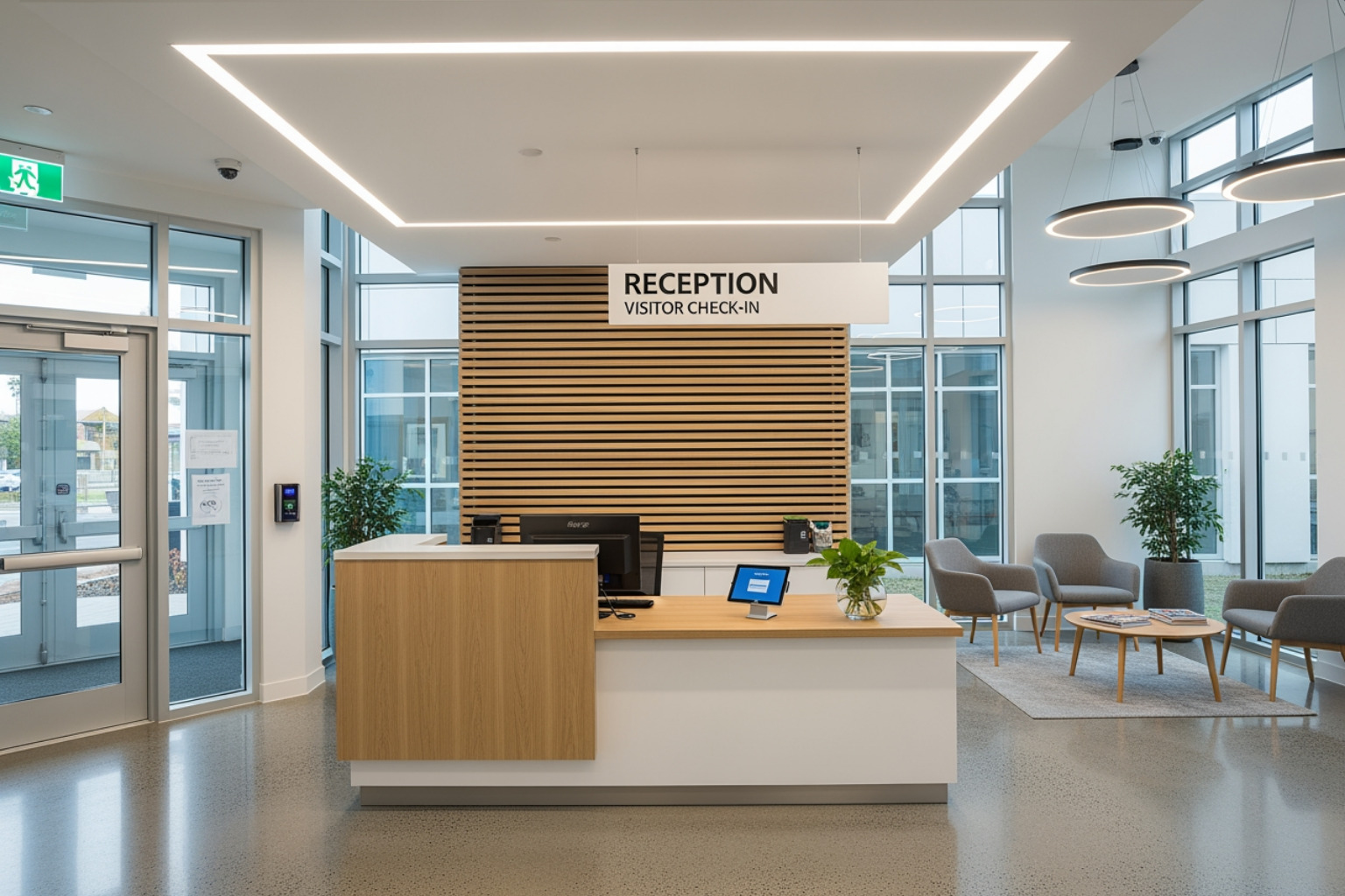 Well-designed entryway with clear signage, good lighting, and a visible reception area. Well-designed entryway with clear signage, good lighting, and a visible reception area.