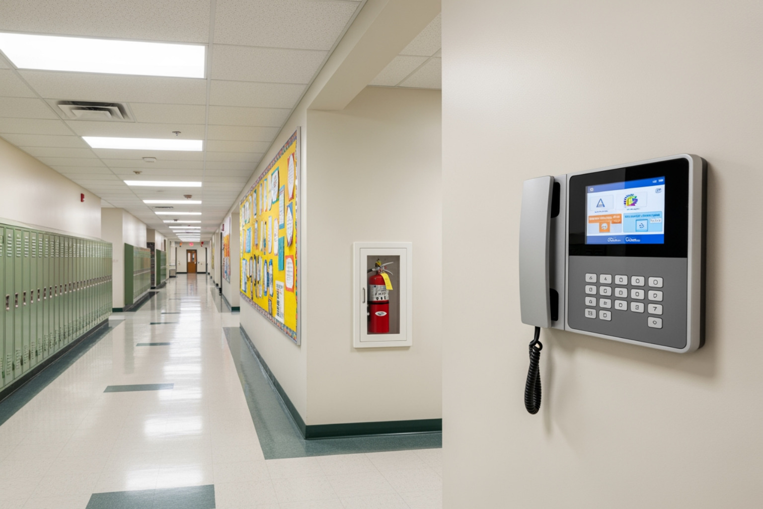 An intercom system on a school hallway. An intercom system on a school hallway.