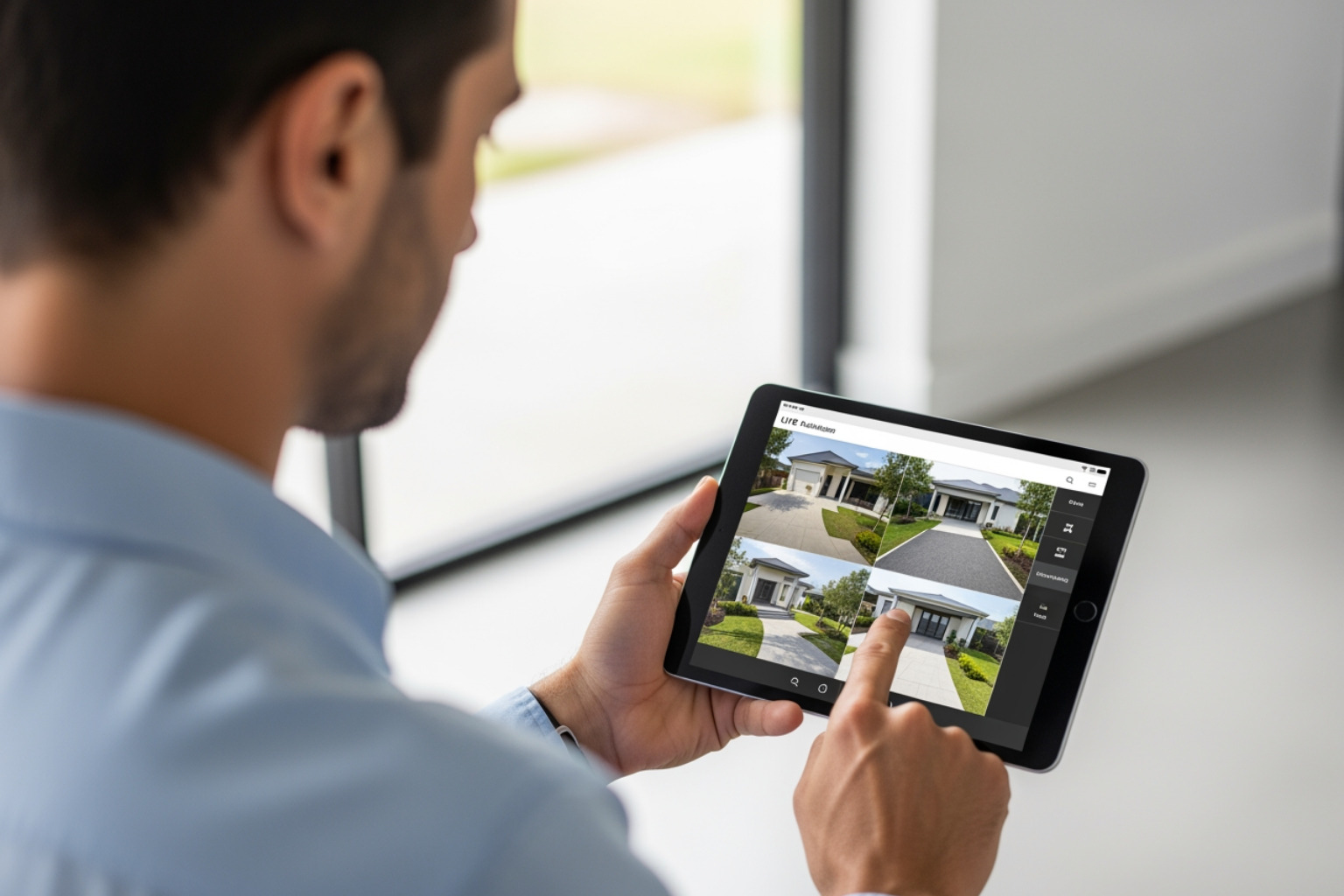 A business owner viewing their property's CCTV feed on a tablet. A business owner viewing their property's CCTV feed on a tablet.